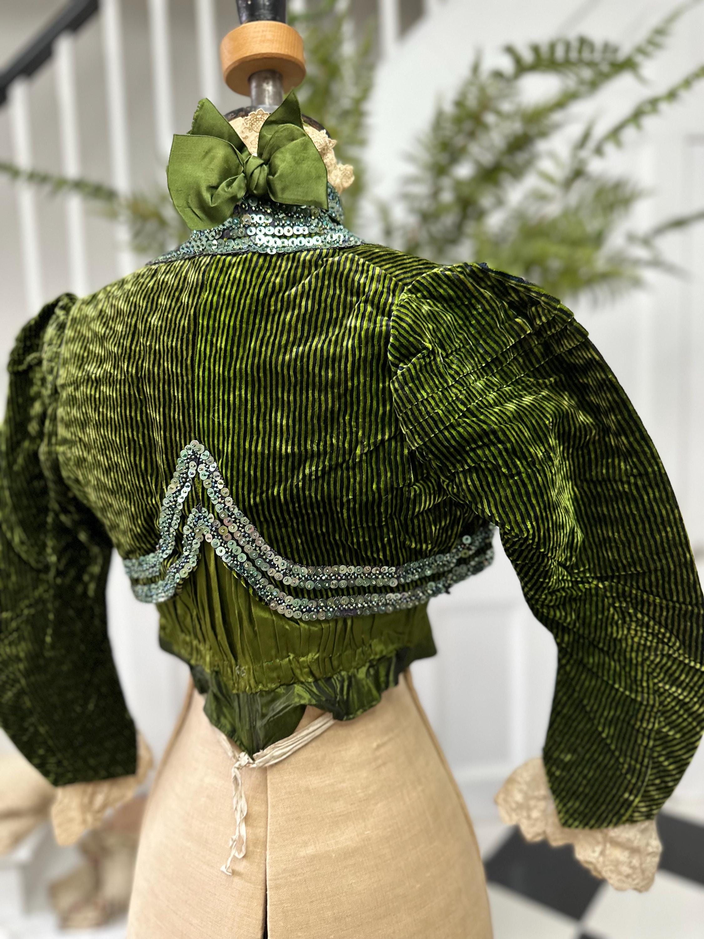 Antique Green Silk Velvet Bodice - 1890s Lace High Collar