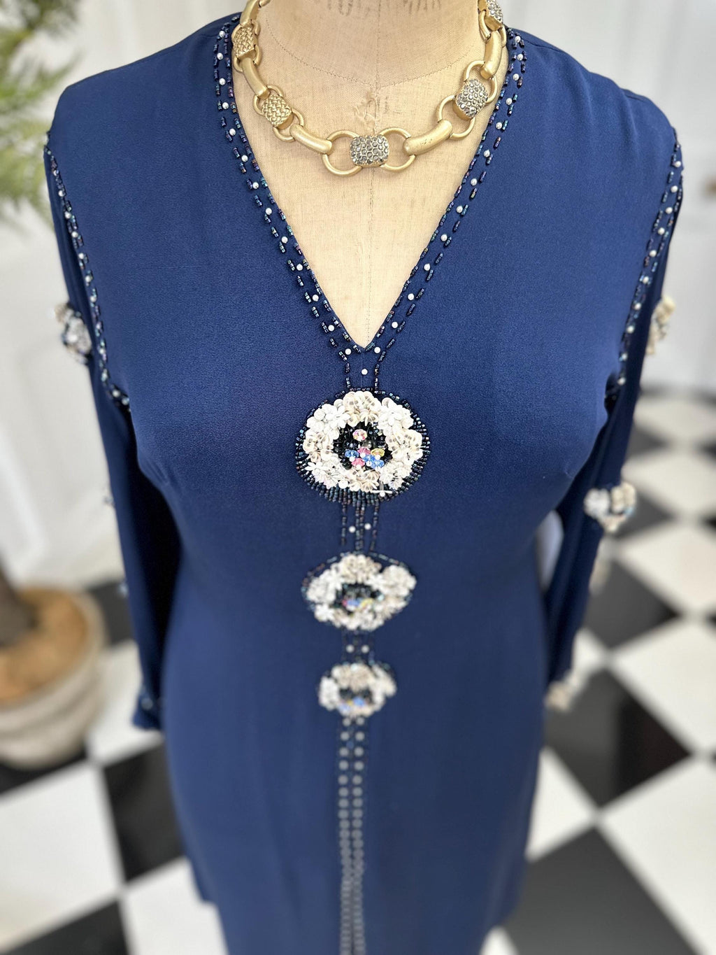 1970s Navy blue silk sequin and beaded knee length evening dress