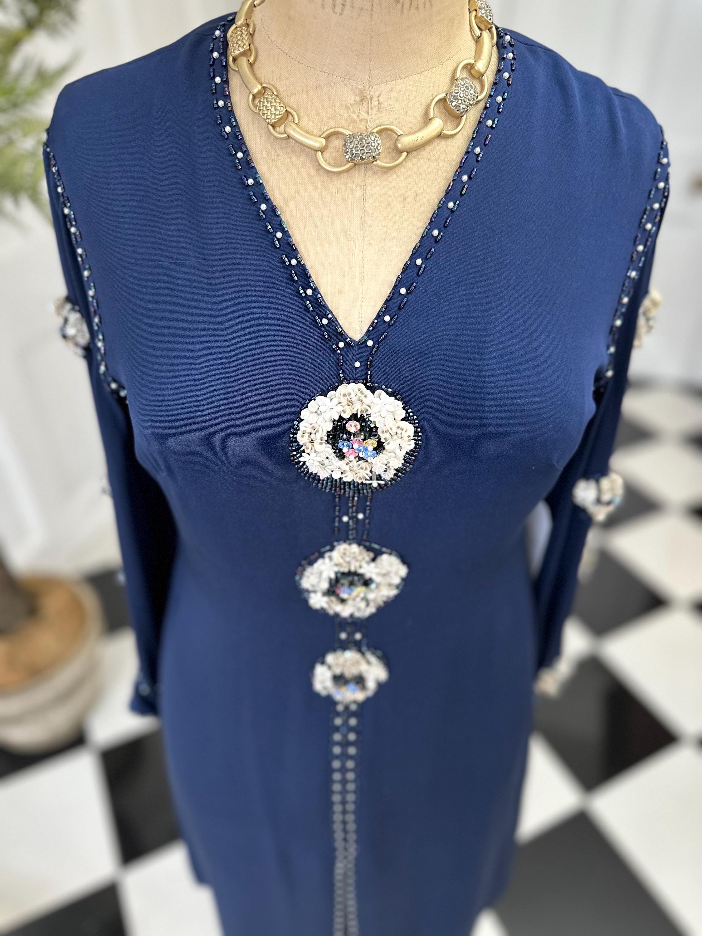 1970s Navy blue silk sequin and beaded knee length evening dress