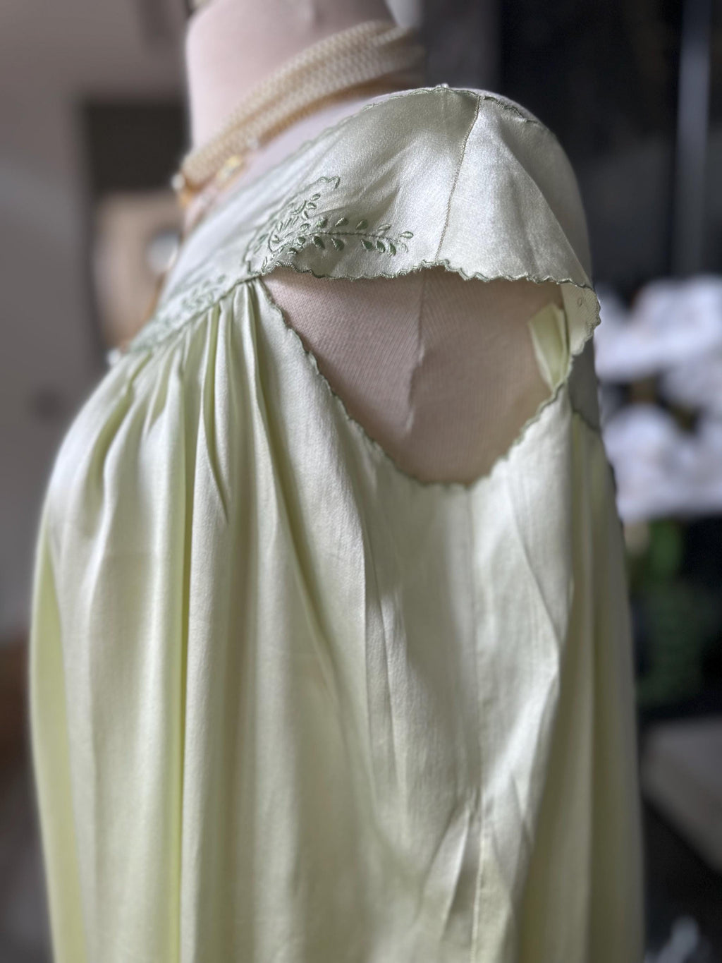 Antique 1920s-1930s Sage Silk Nightgown – Authentic Art Deco Off-Shoulder Gown