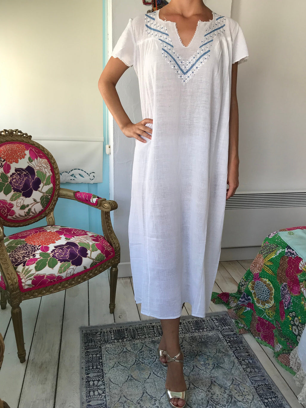 1970s hand loomed cotton muslin  hand embroidered smock dress