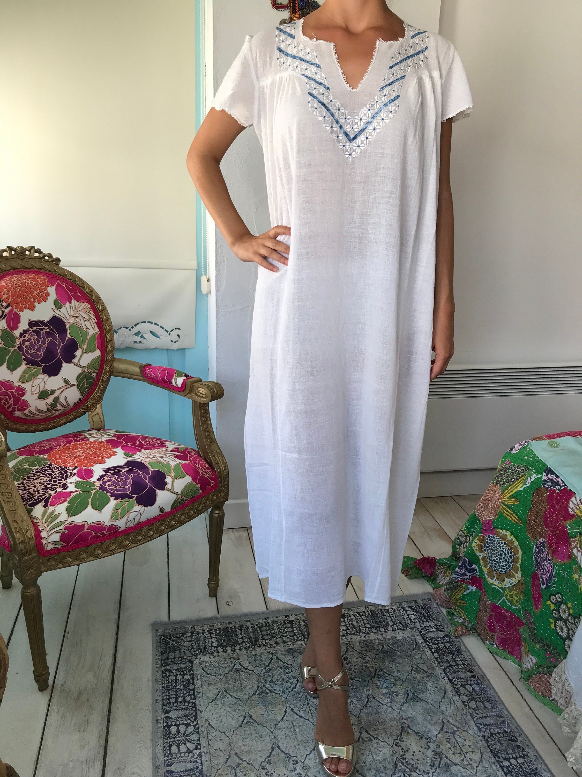1970s hand loomed cotton muslin  hand embroidered smock dress