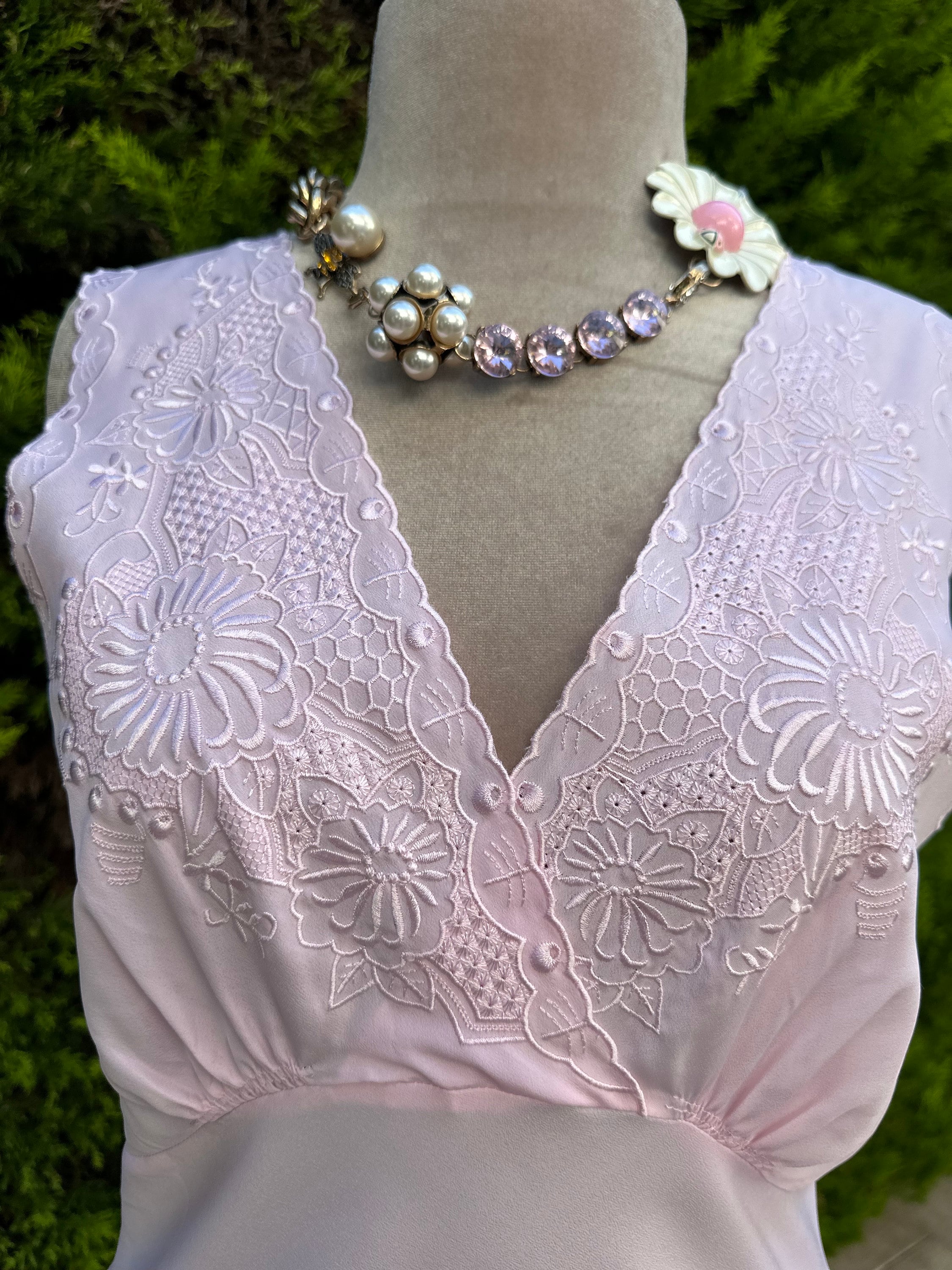 1970 Vintage long pink slip dress with a crossover top with embroidery details