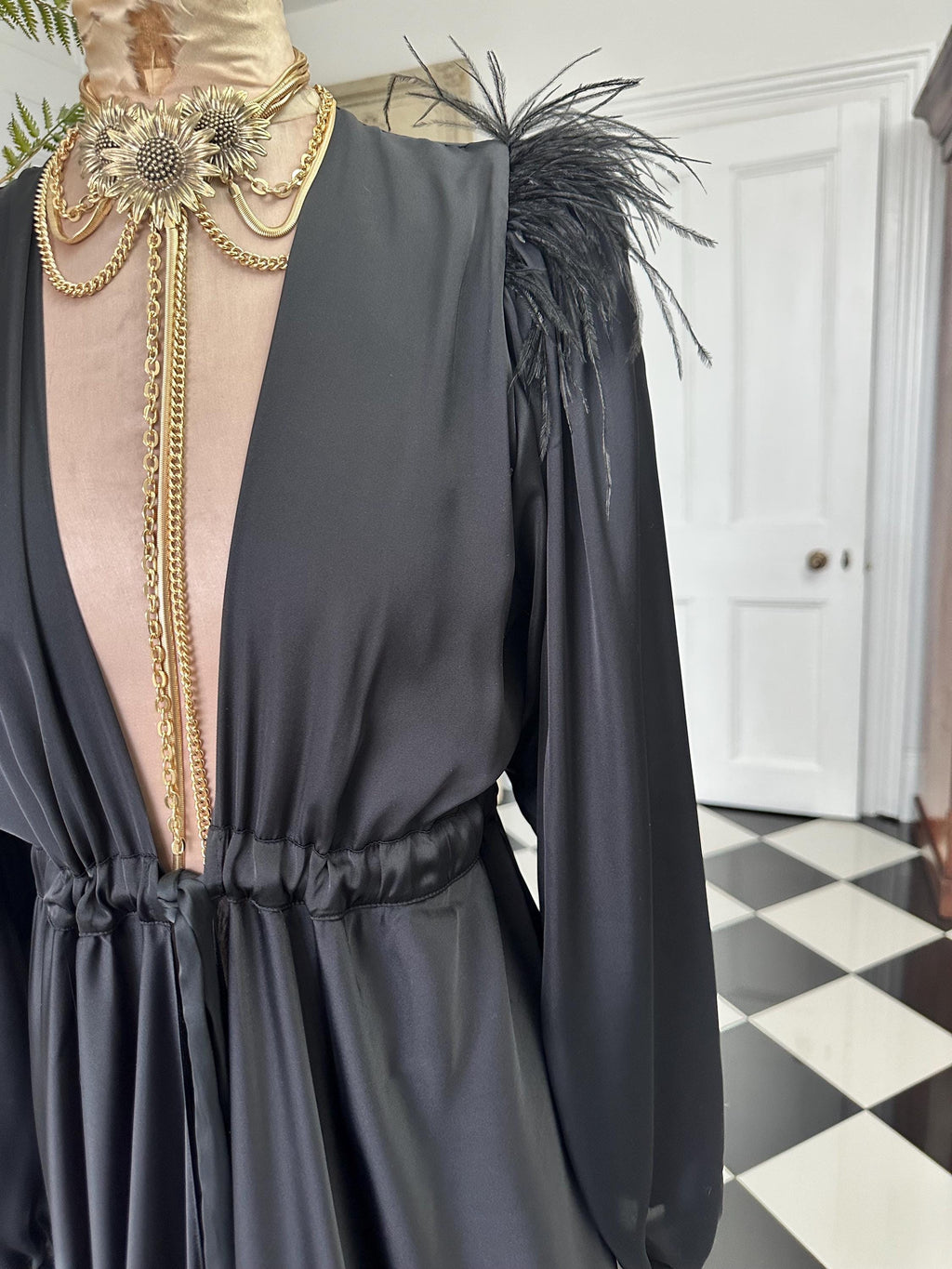 Vintage 1940s style black maxi gown robe with ostrich feather