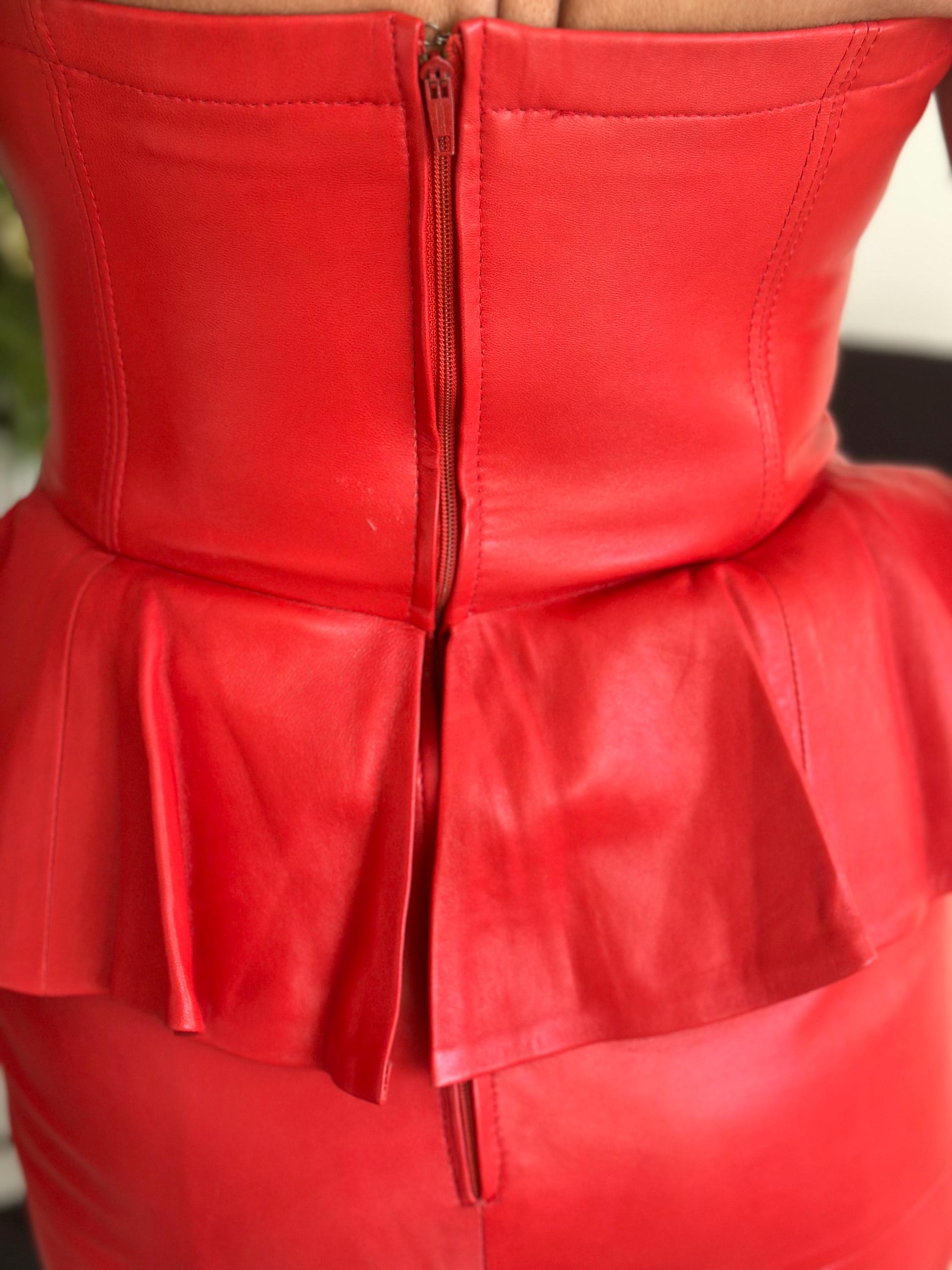 Vintage red 1980 genuine leather strapless  Dress with  peplum