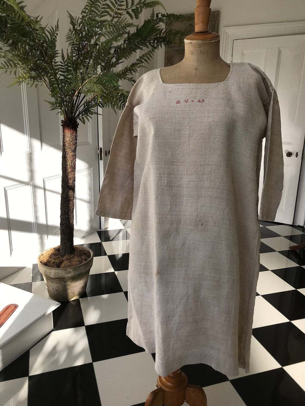 French 1800s Rustic farmers shirt dress hemp linen with monogram MV 49