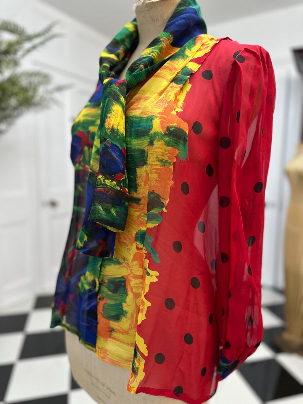 1980s Silk Crepe Blouse: Red Polka Dot Long Sleeve with Pussy Bow
