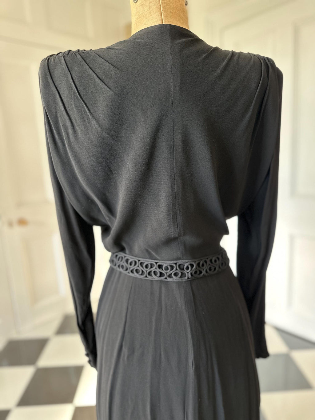 Chic 1940s Black Georgette Dress Embroidered Buttons and Matching Belt set