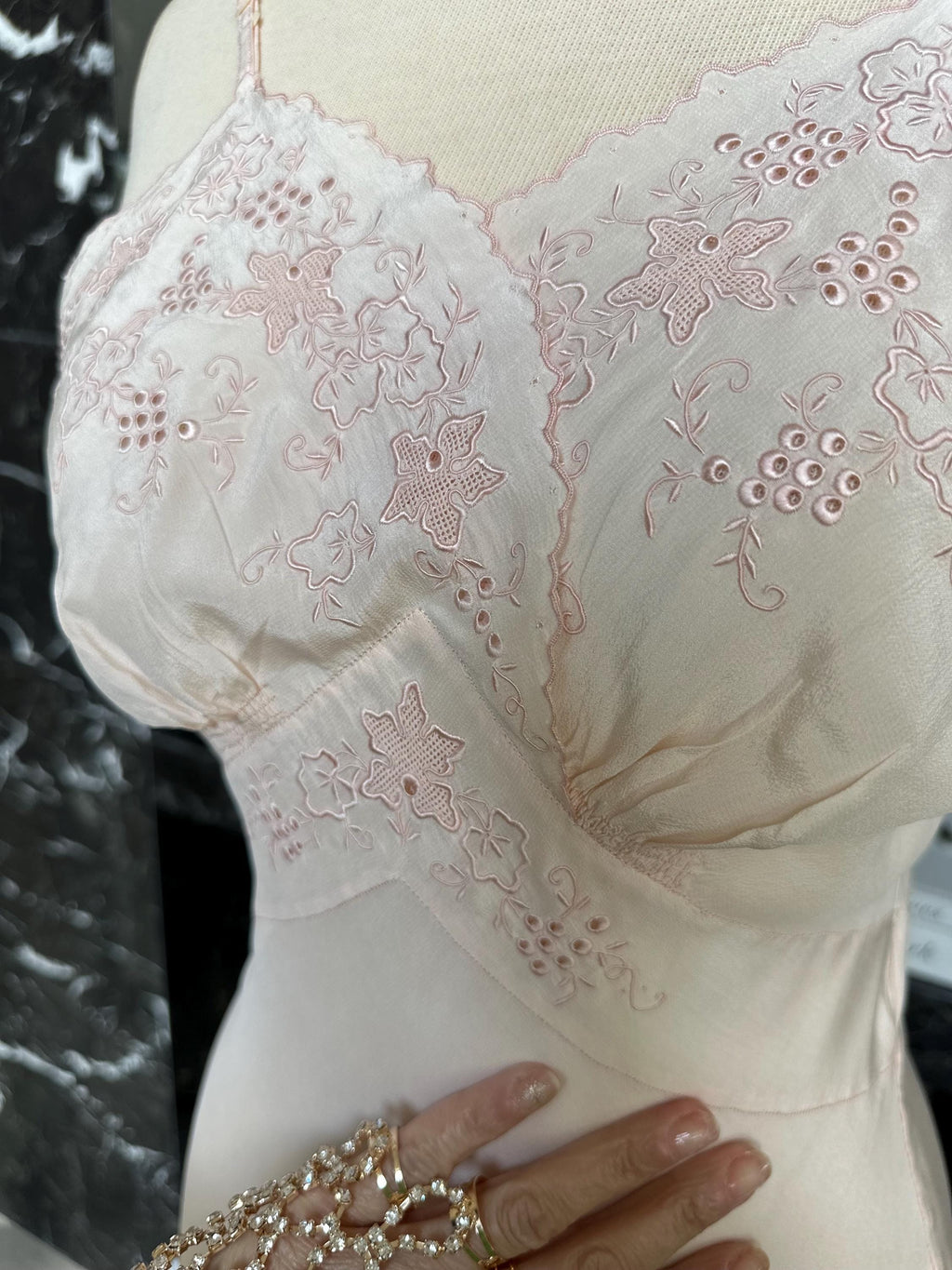 Antique 1930s Pale Pink Silk Slip – Authentic Art Deco Embroidery & Bias Cut