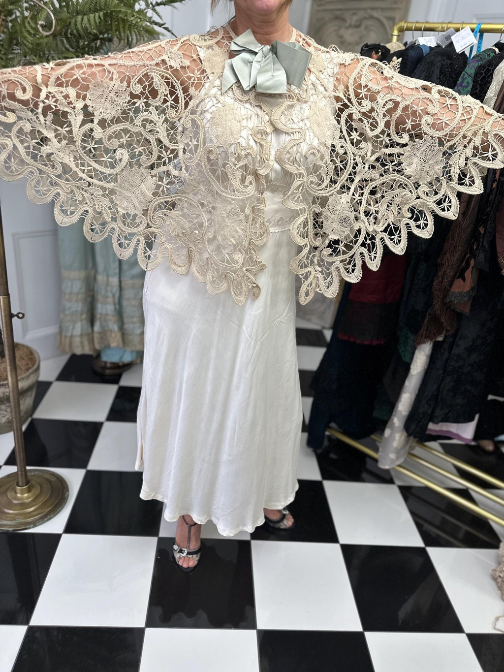 19th Century Cream Bobbin Lace Cape: Sage Green Silk Ribbon, Cotton