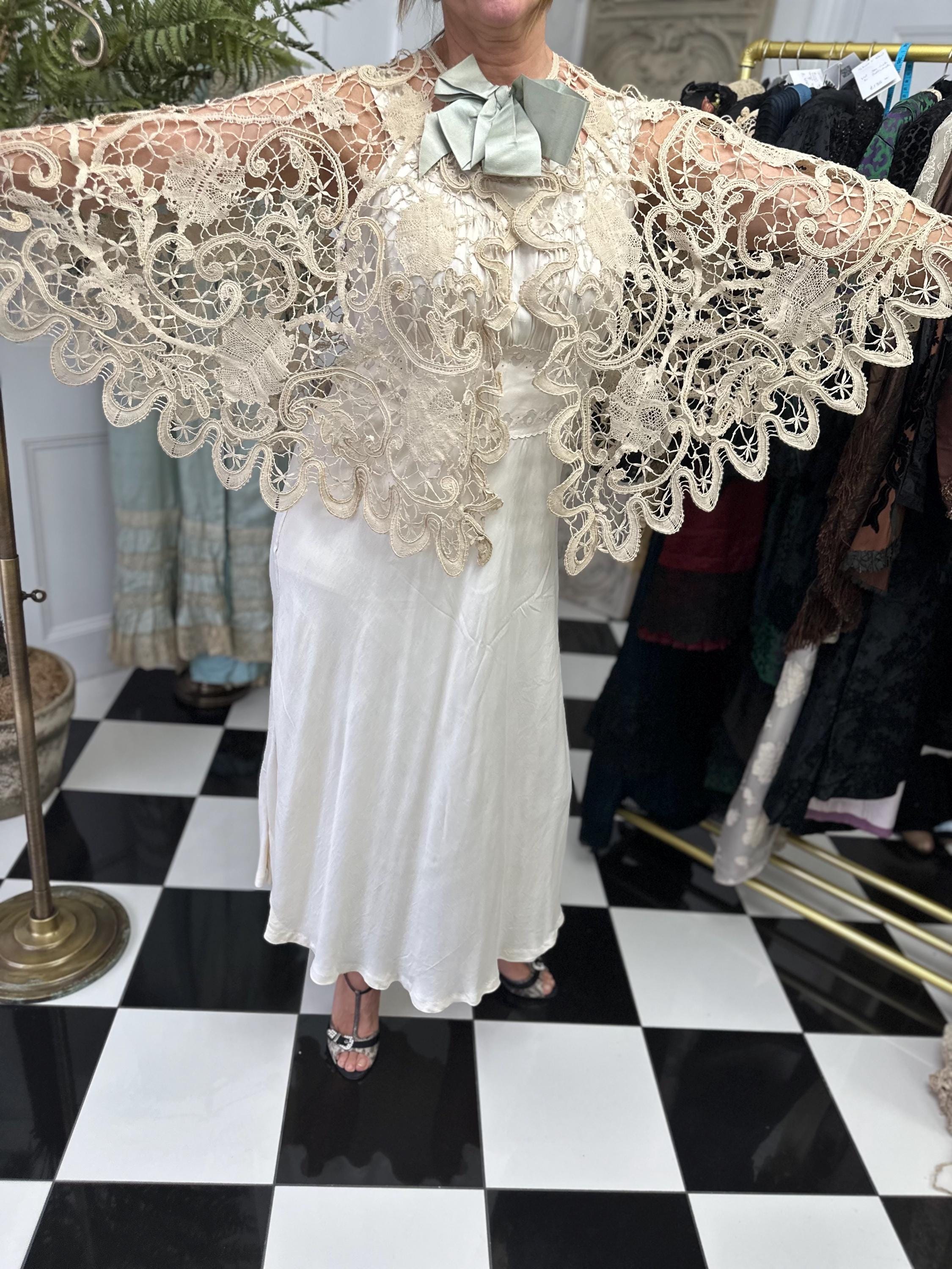 19th Century Cream Bobbin Lace Cape: Sage Green Silk Ribbon, Cotton