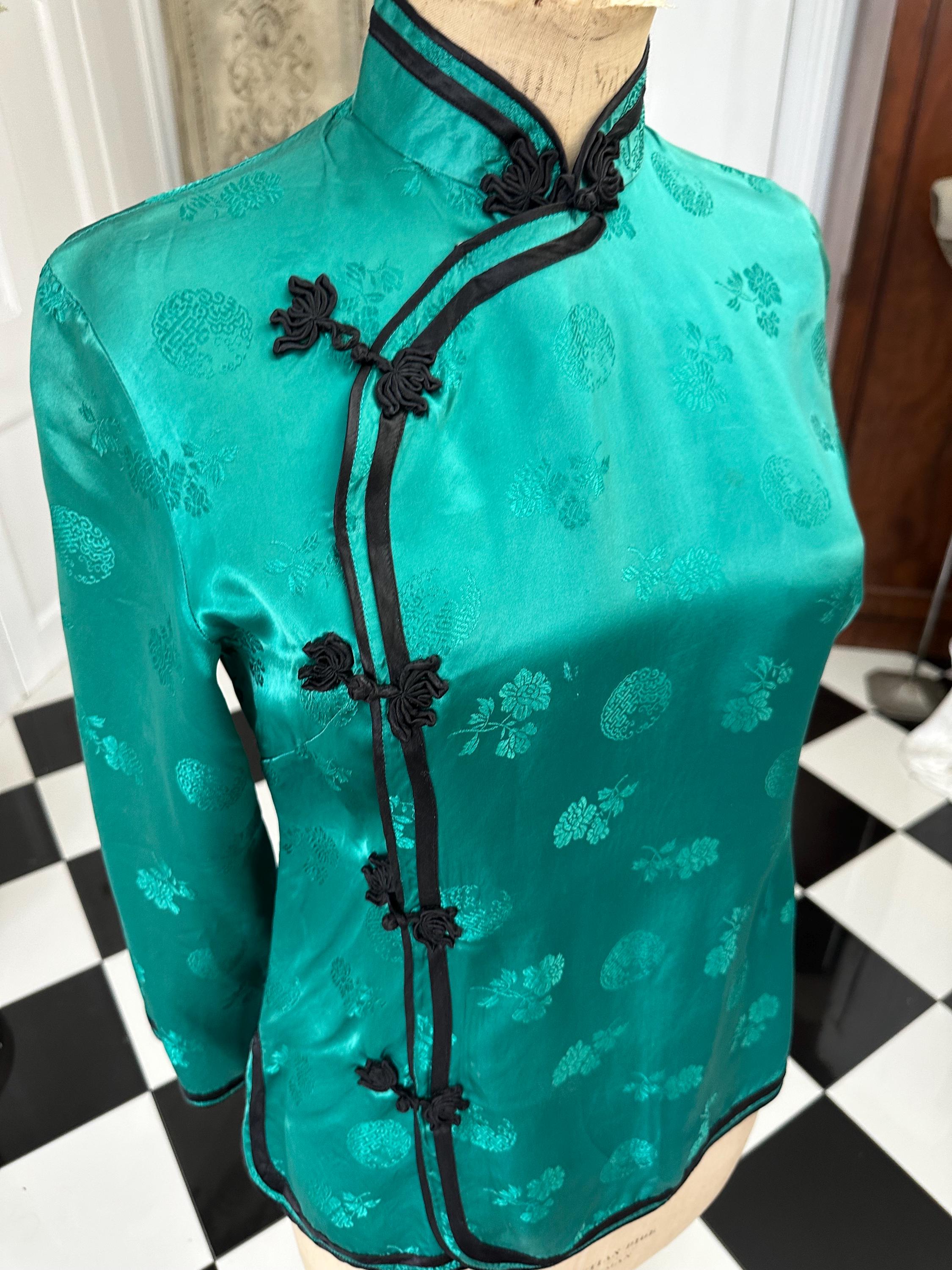 Chinese Emerald green rayon blouse label Silver Lake