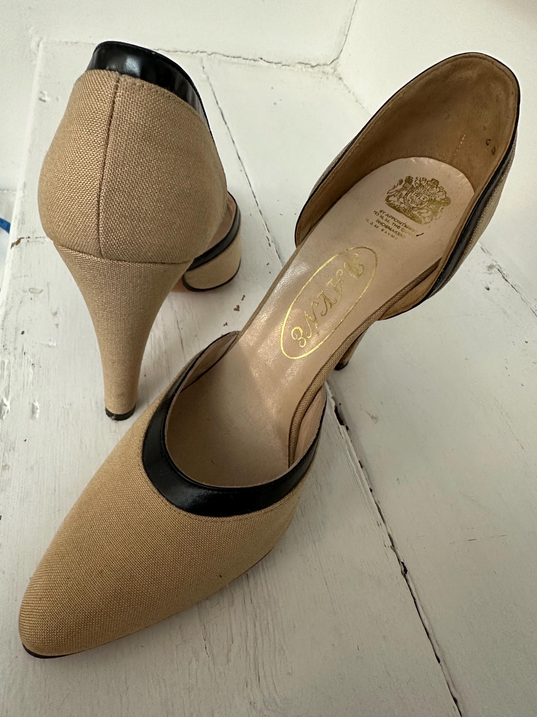 Rayne Cream Linen Heels with Black Leather Trim (UK 3.5 / US 6b)