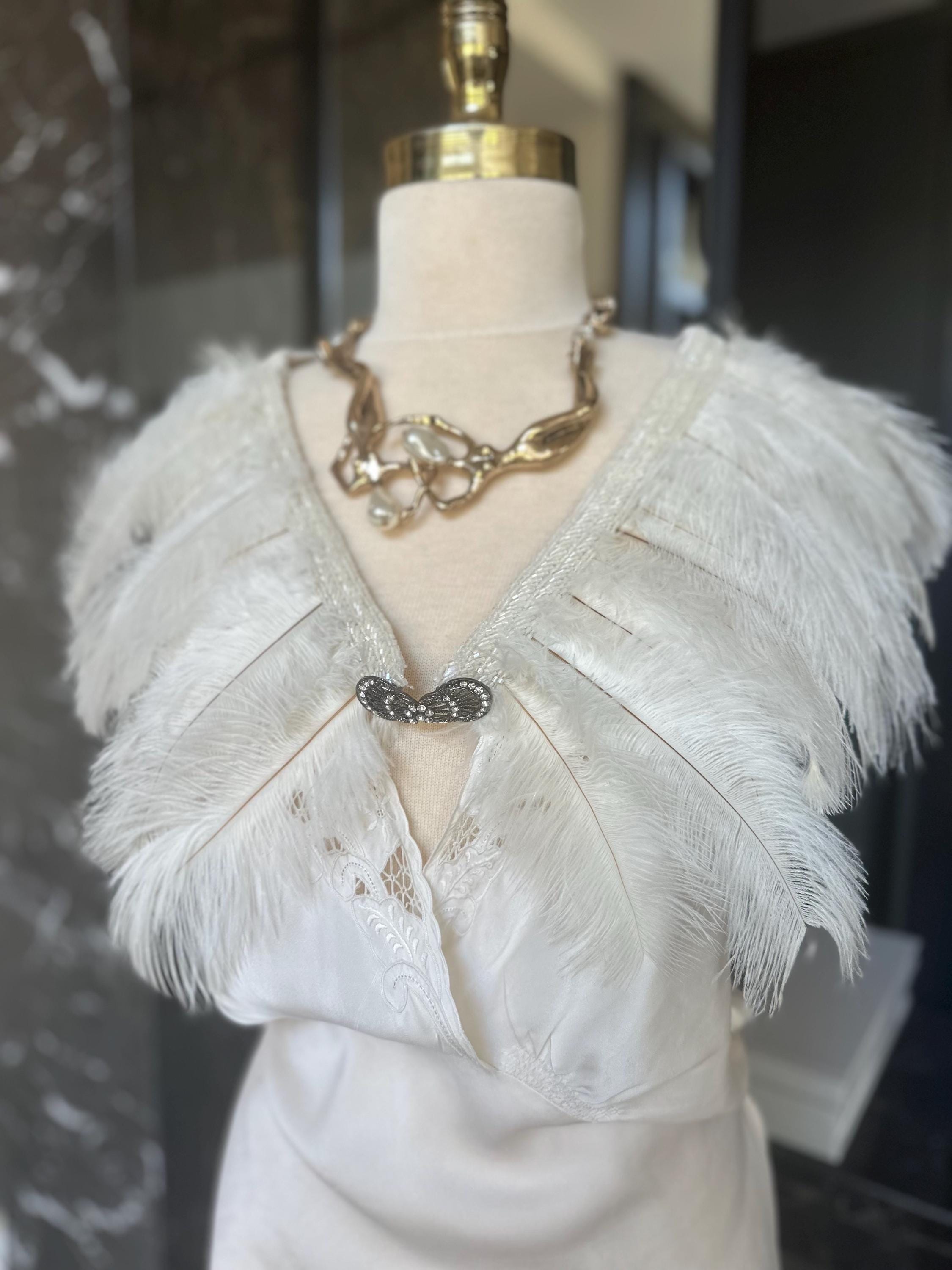 1920s 1930s vintage style feather cape with embellished in cream white  cape shawl