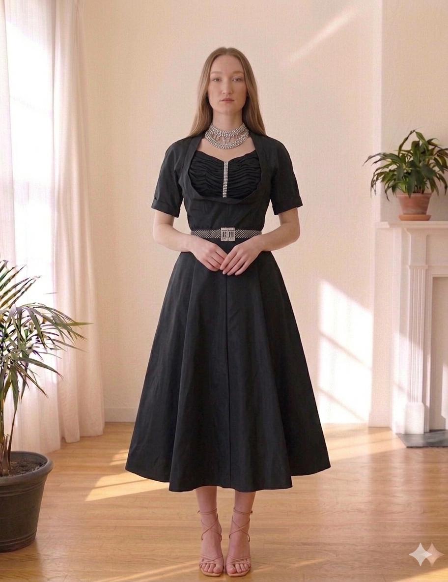 1950s Black Taffeta Cocktail Dress – Reich Original, Full Circle Skirt, Hollywood Regency Style