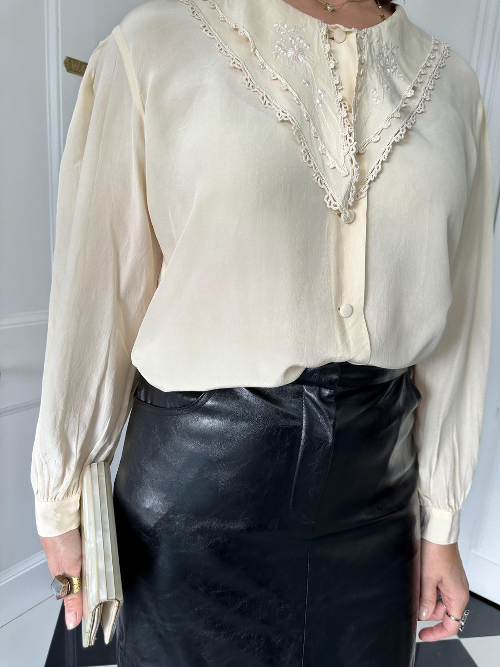 Vintage cream silk blouse with hand embroidery detail