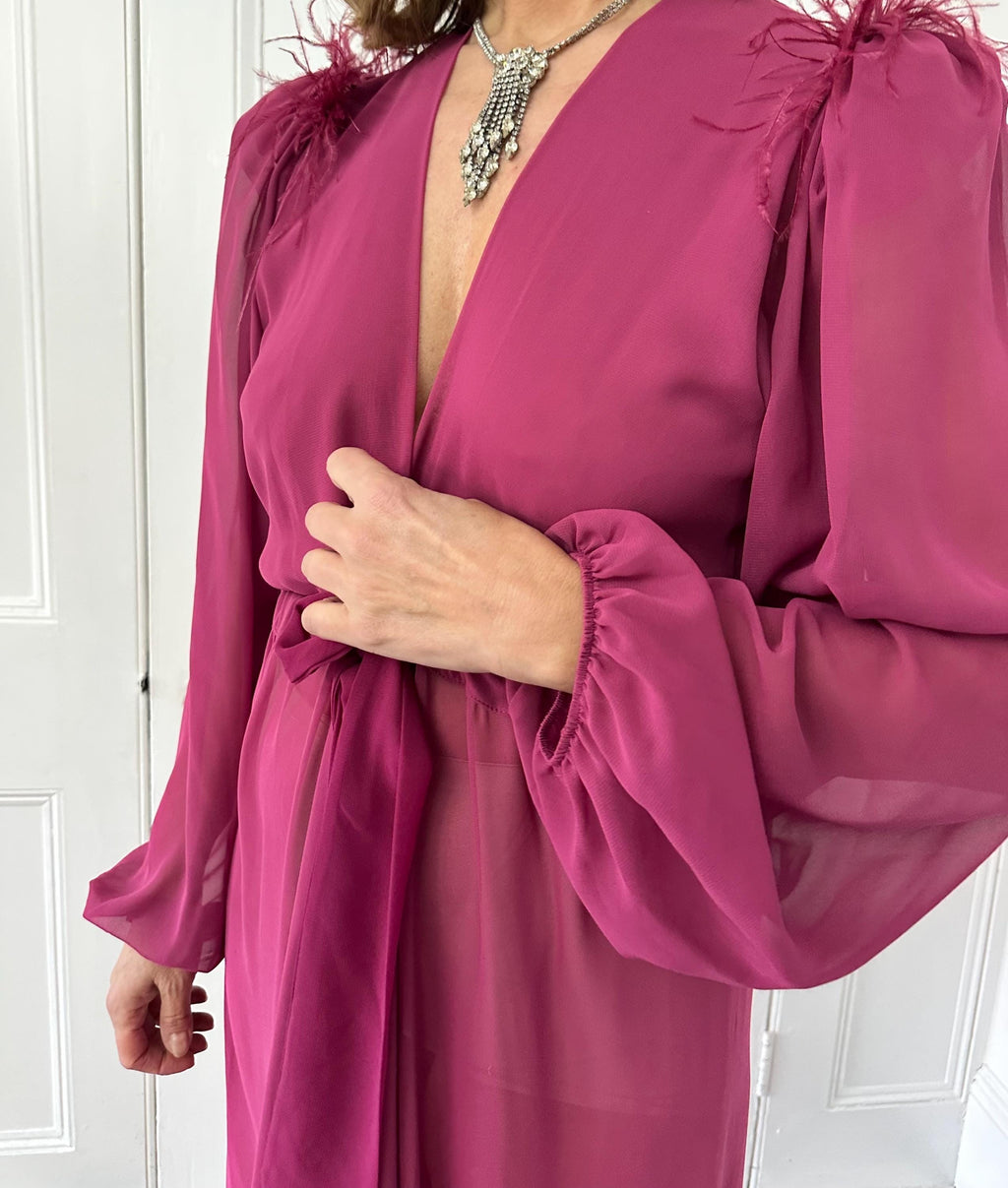 Vintage 1940s style pink maxi gown robe with ostrich feather