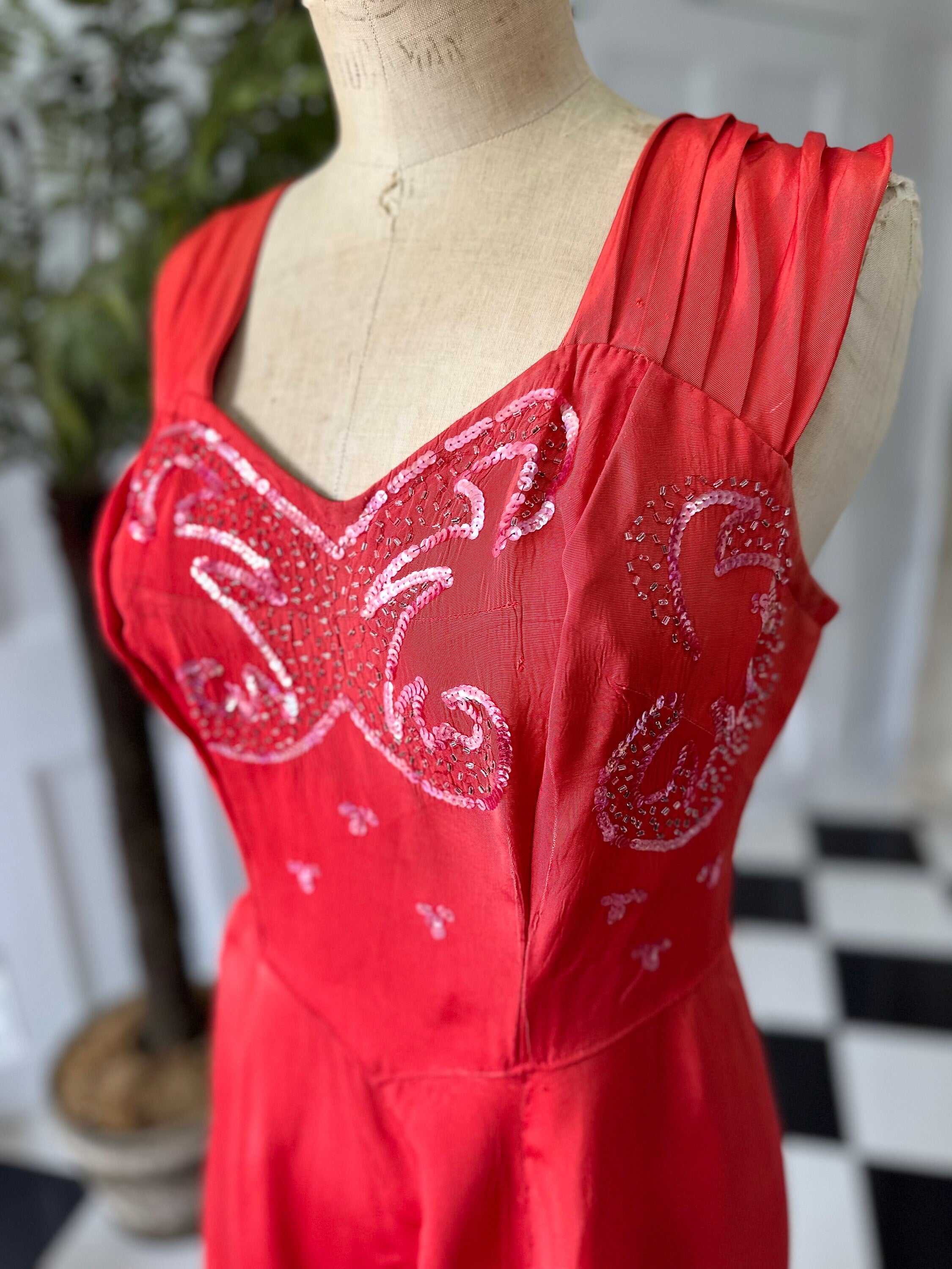 1940s Red Taffeta Evening Dress: Sequin Old Hollywood Gown (UK 12/14)
