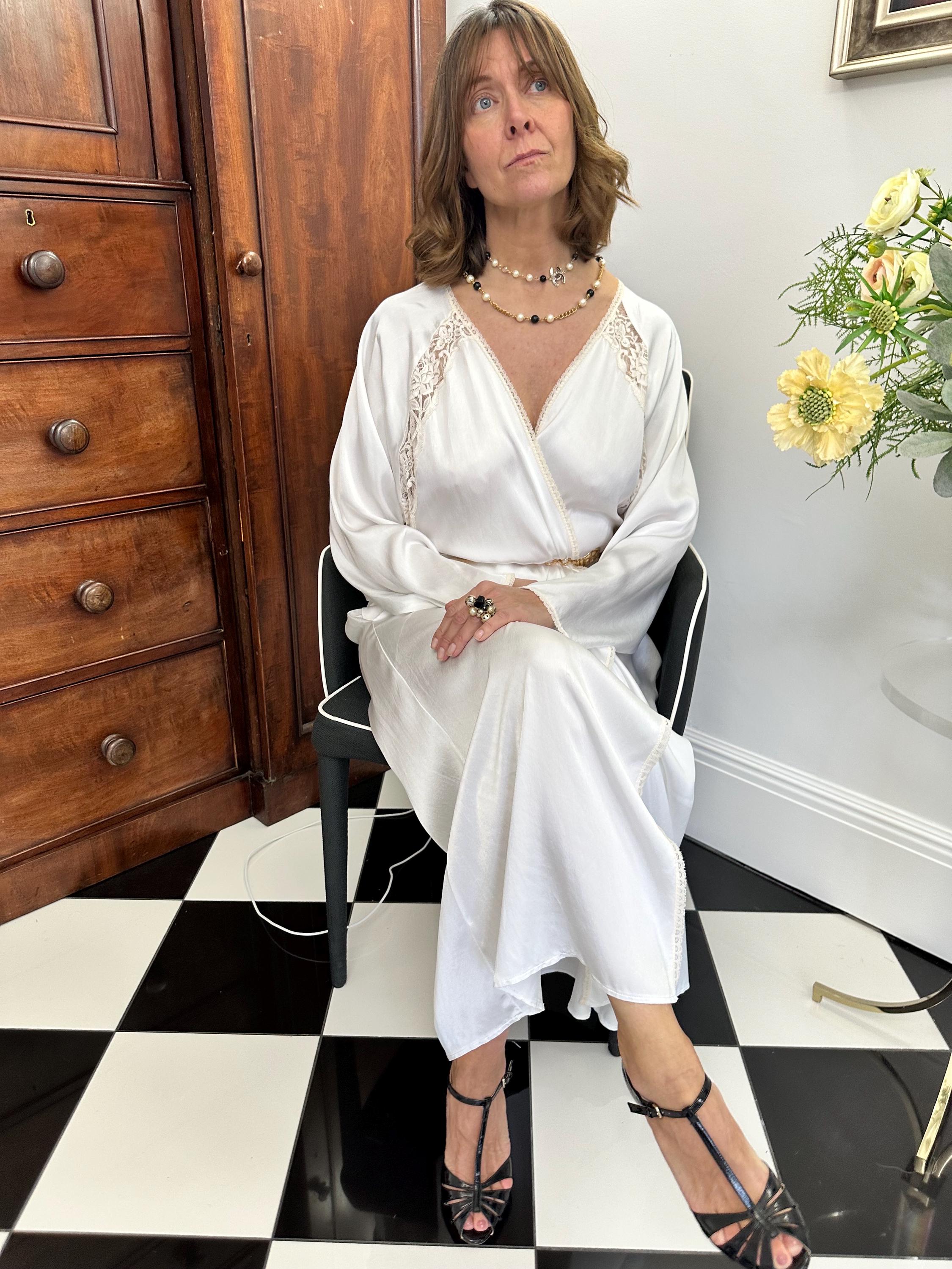 1970s vintage white satin wrap dress robe