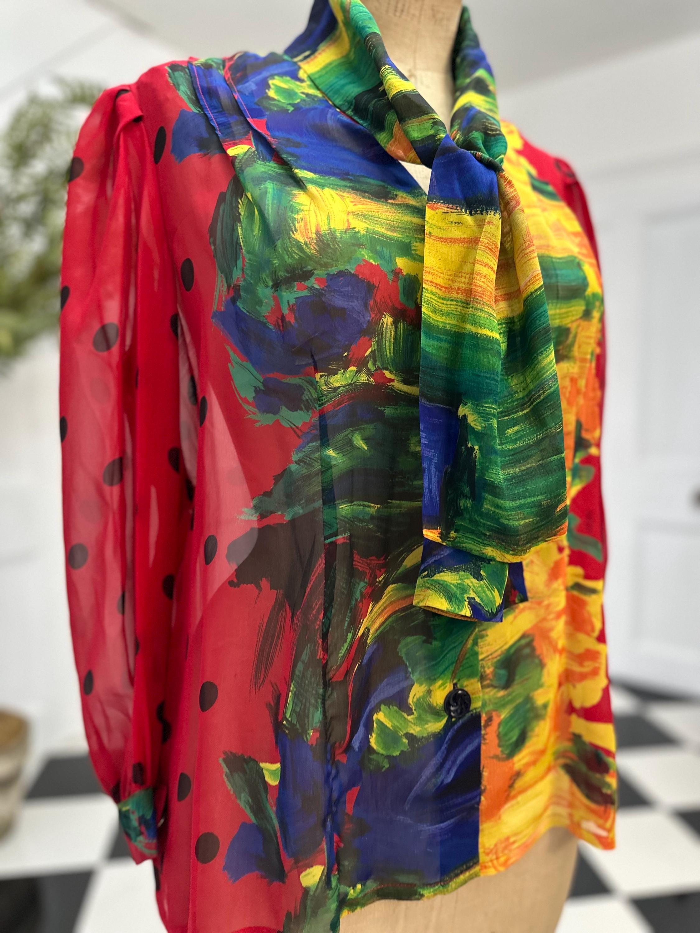 1980s Silk Crepe Blouse: Red Polka Dot Long Sleeve with Pussy Bow