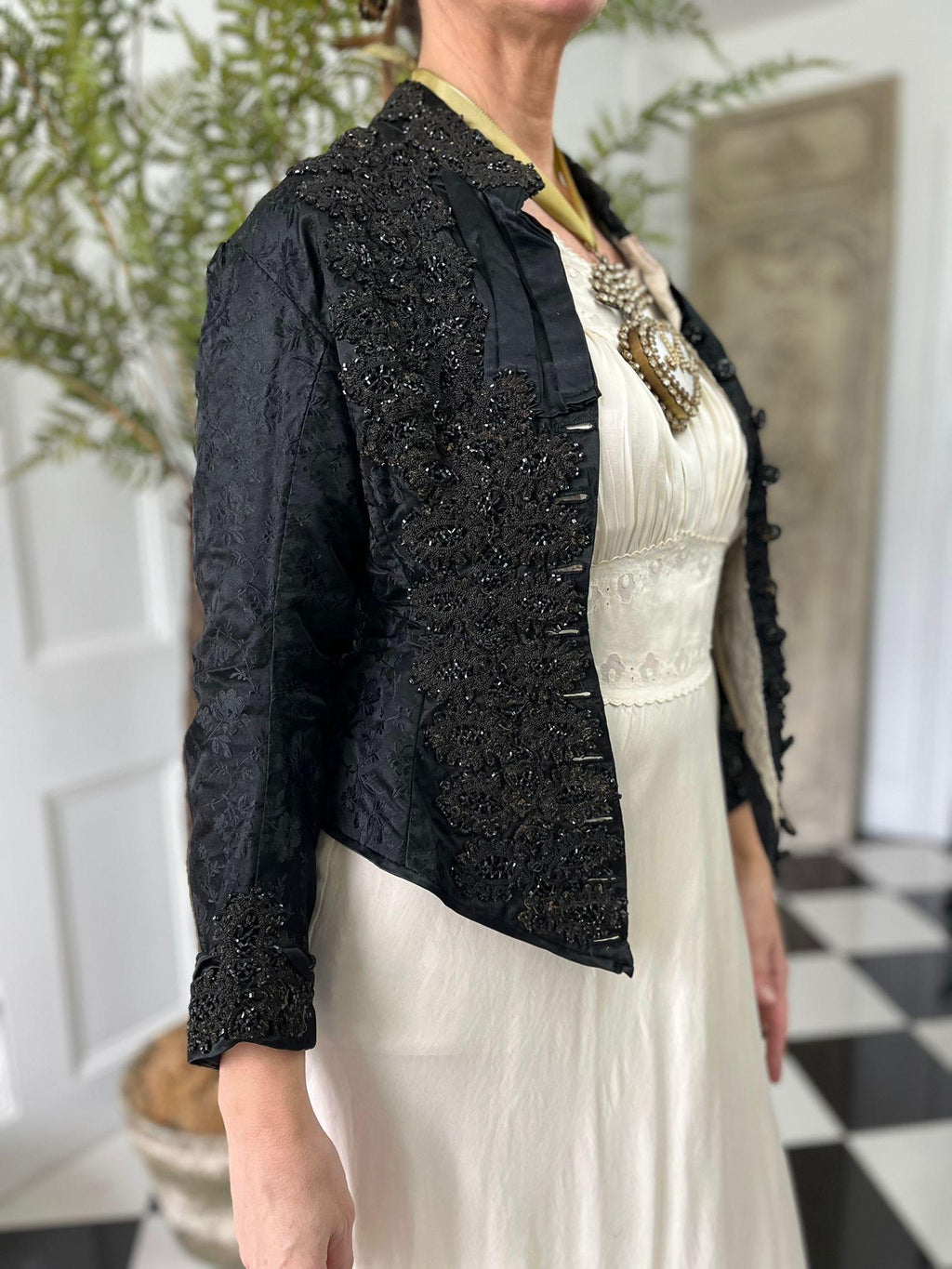 Exquisite Victorian Black Silk Bodice – Heavy Jet Beaded Embellishments long sleeve