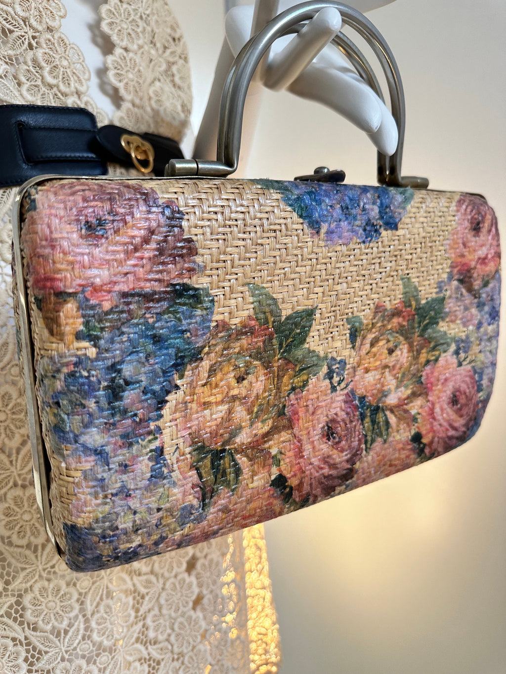 Boho 1970s hessian handbag with floral design