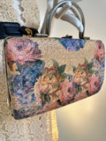 Boho 1970s hessian handbag with floral design