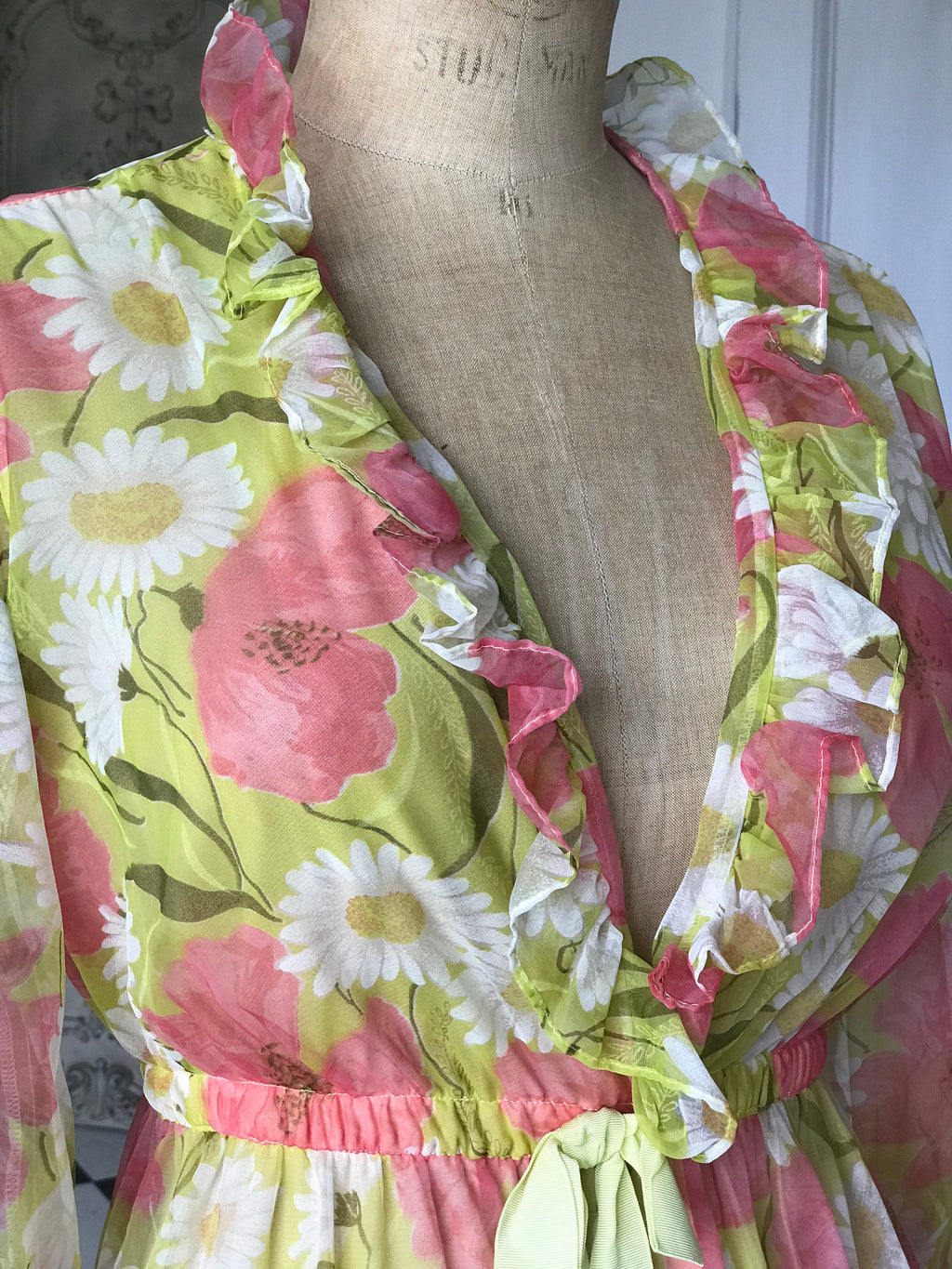 Vintage 1970s floral pink and yellow and green maxi dress with ruffle collar