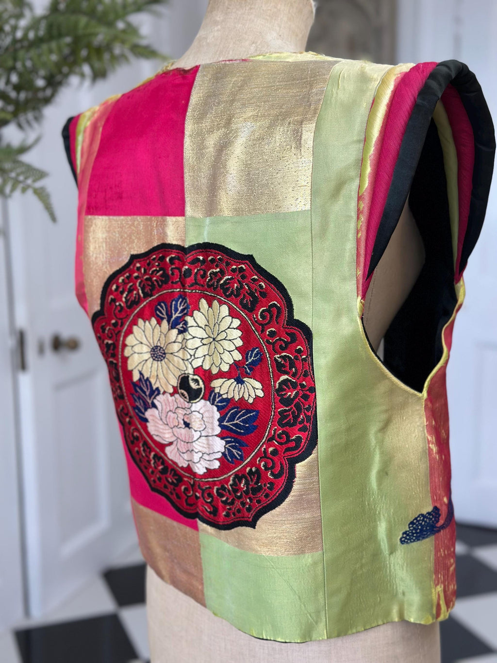 Vintage reversible  silk Japanese jacket waistcoat with jade stone