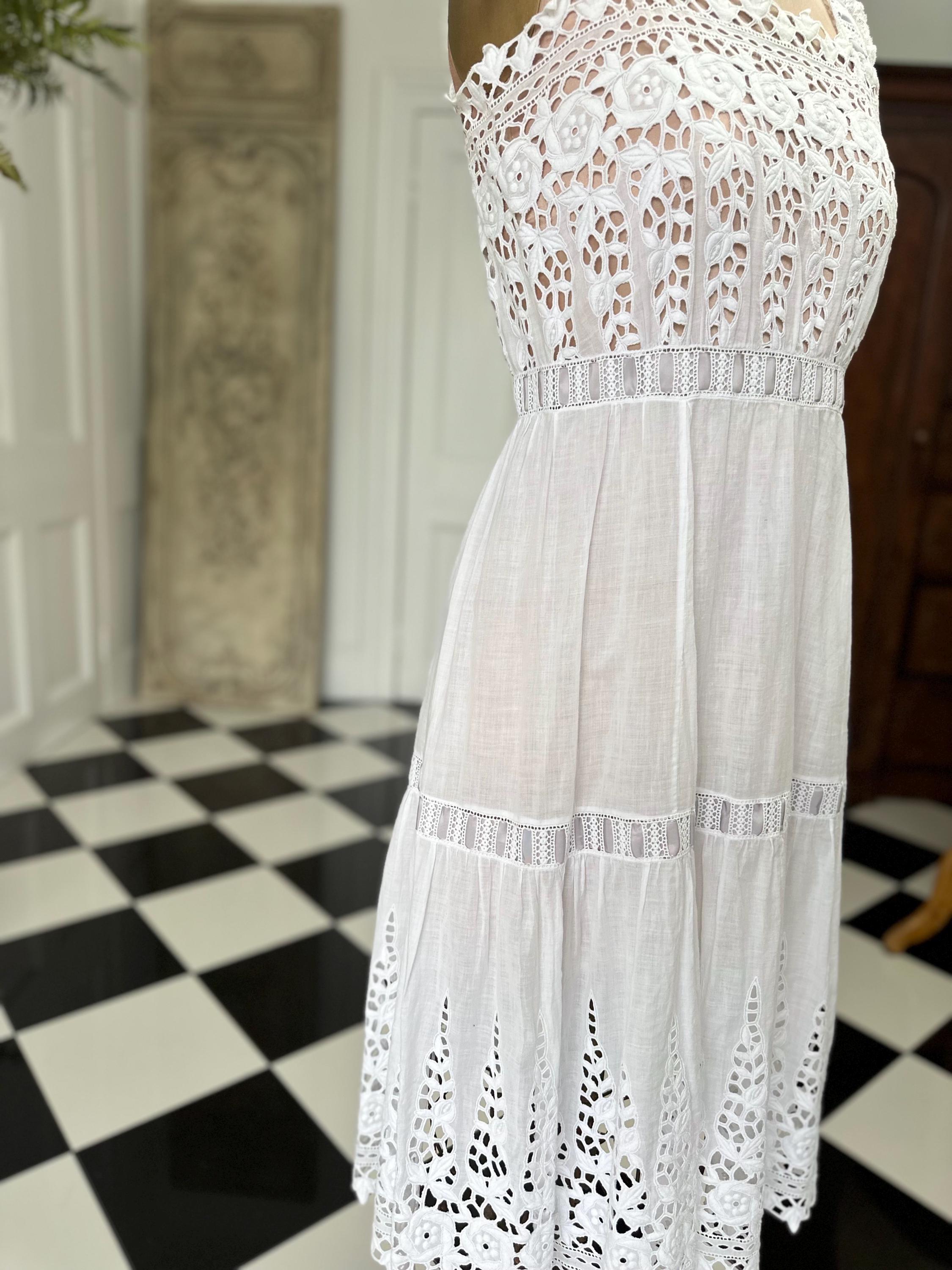 1910s Edwardian white embroidered lace  under dress with grey ribbon details