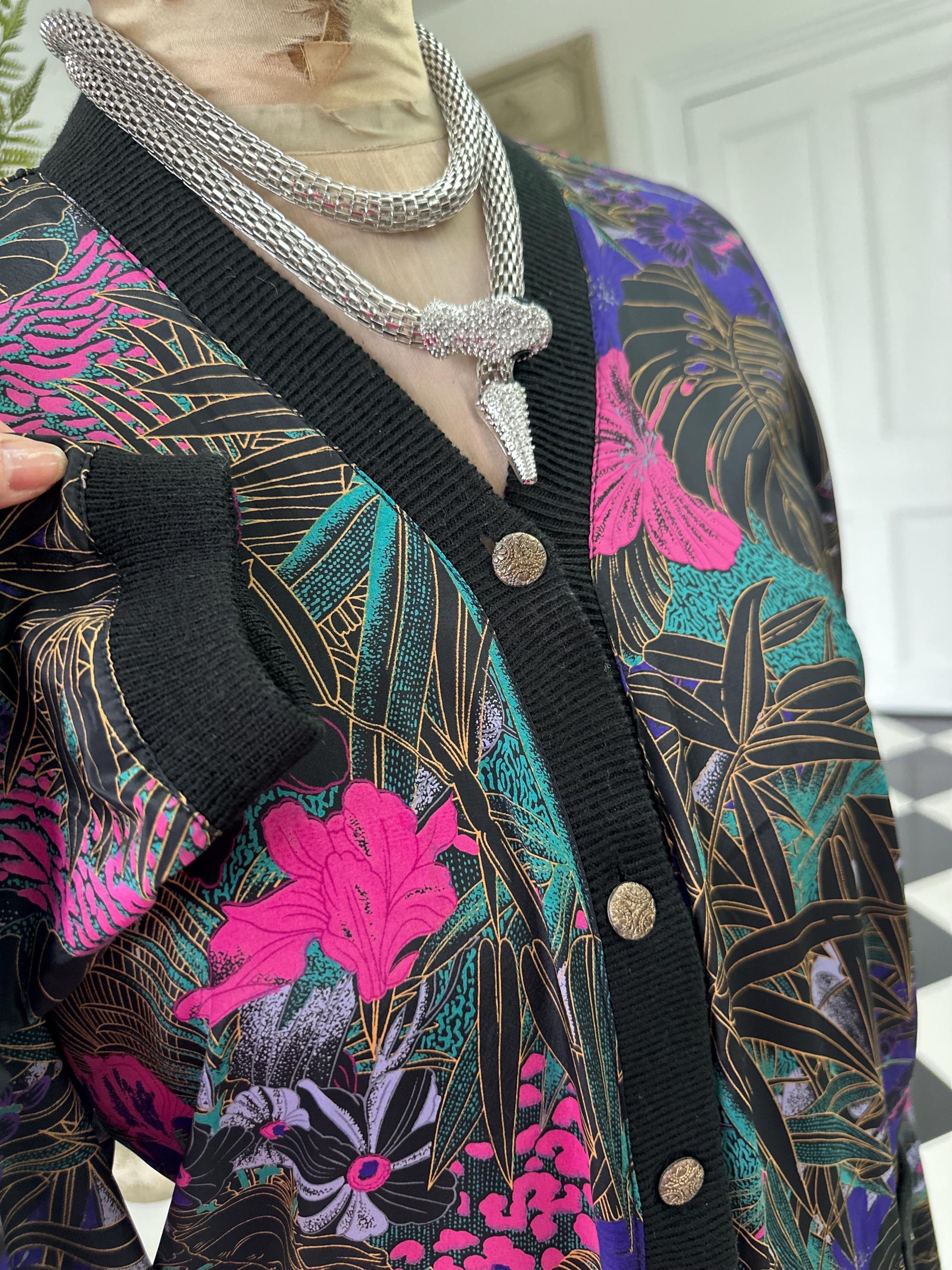 1980s Black Blouse Cardigan with Tropical Pattern