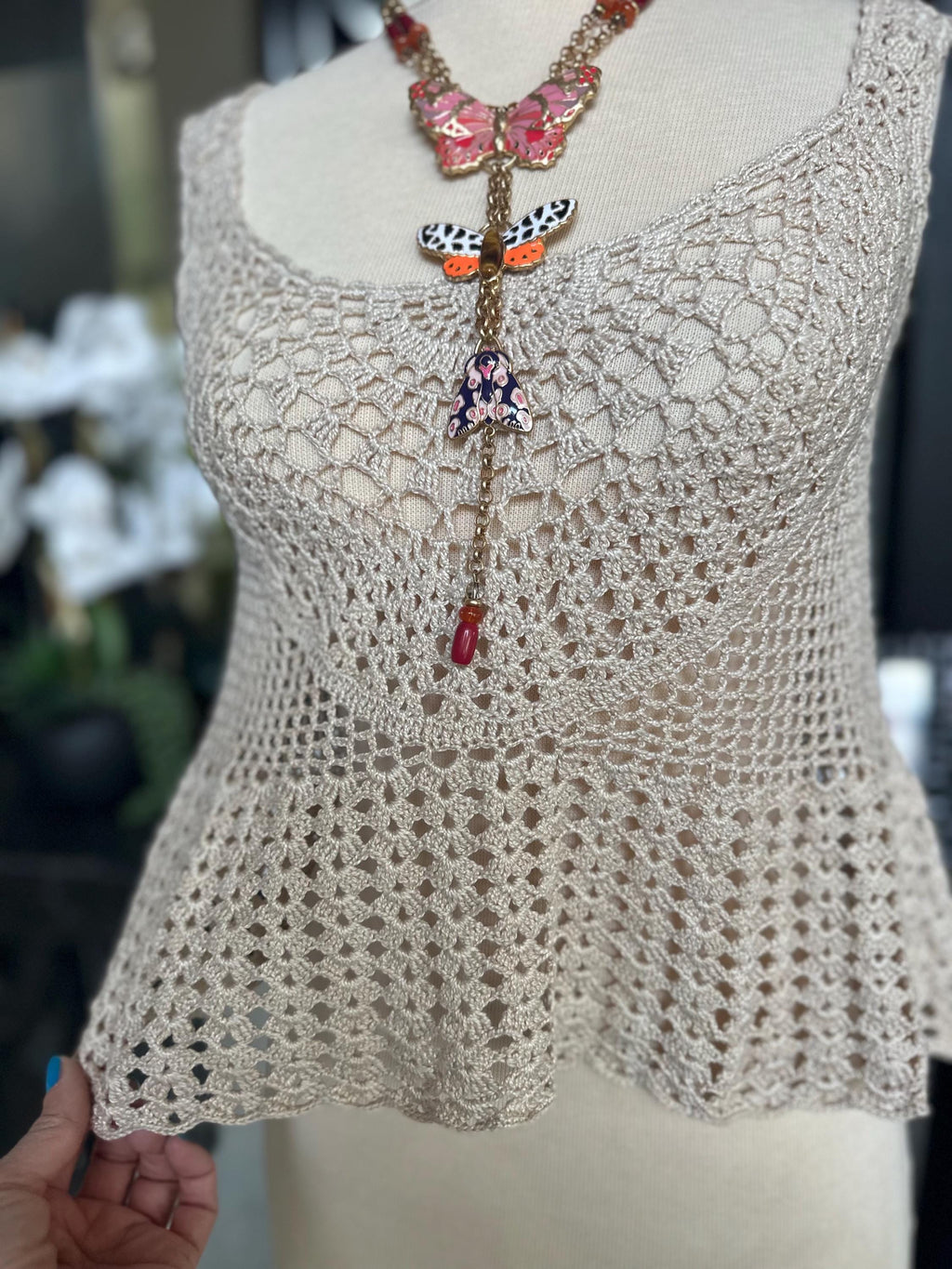 Hand Crocheted Beige Tank Top – Boho Lace Knit Sleeveless Peplum Shirt