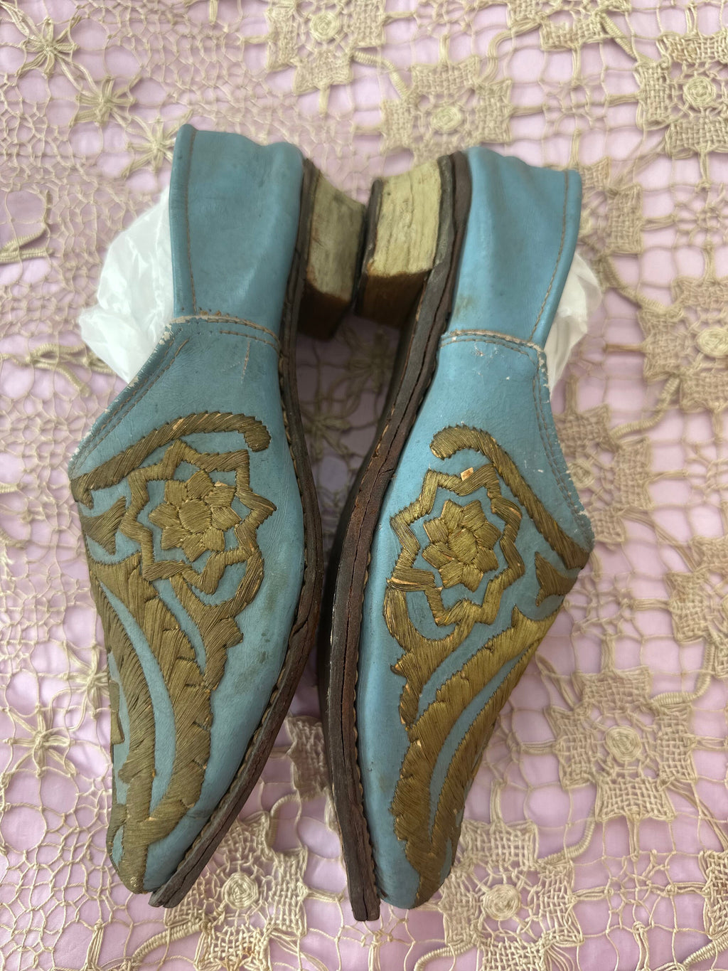 Antique Ottoman 19th century leather shoes with gold embroidery