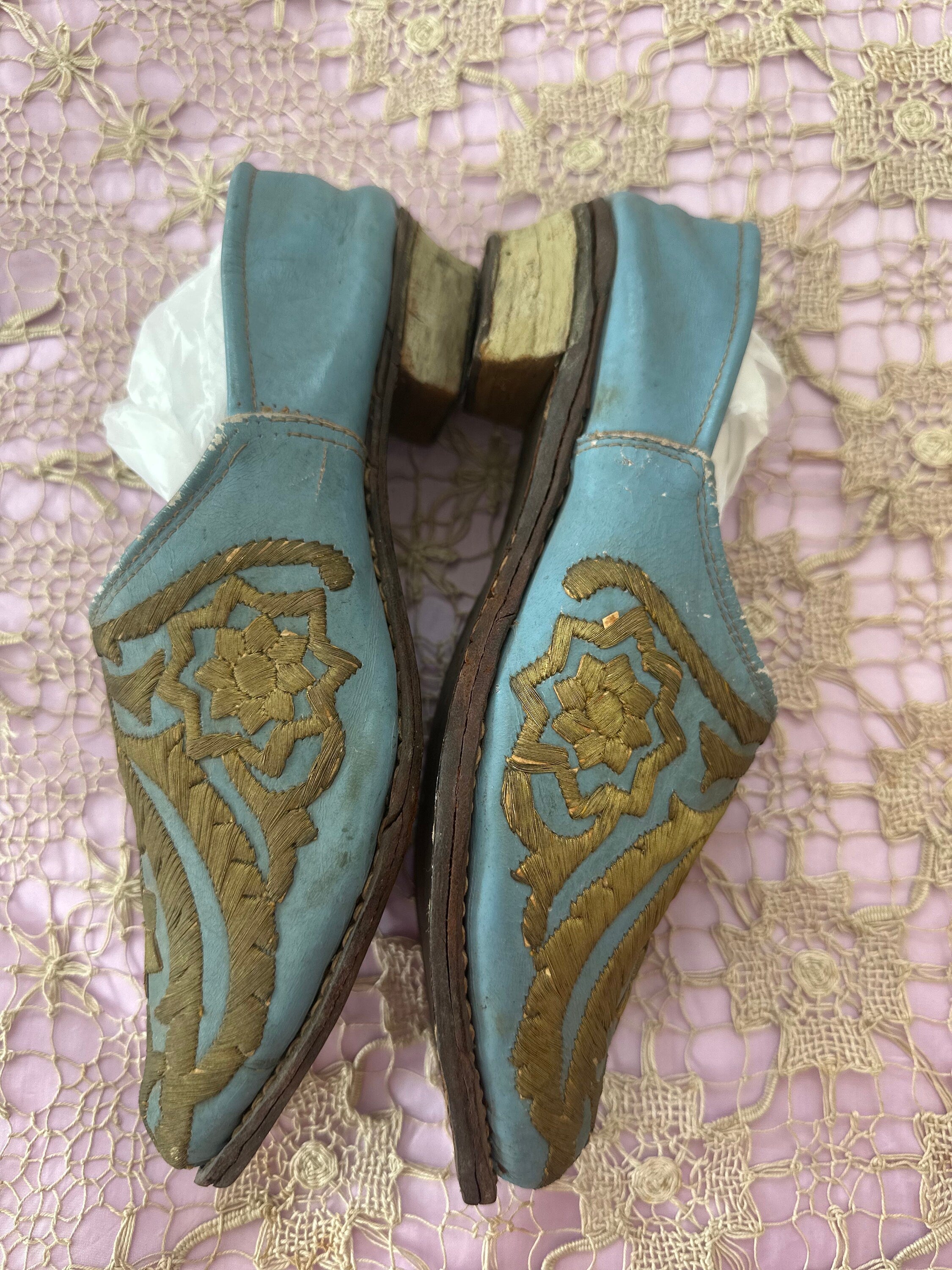 Antique Ottoman 19th century leather shoes with gold embroidery