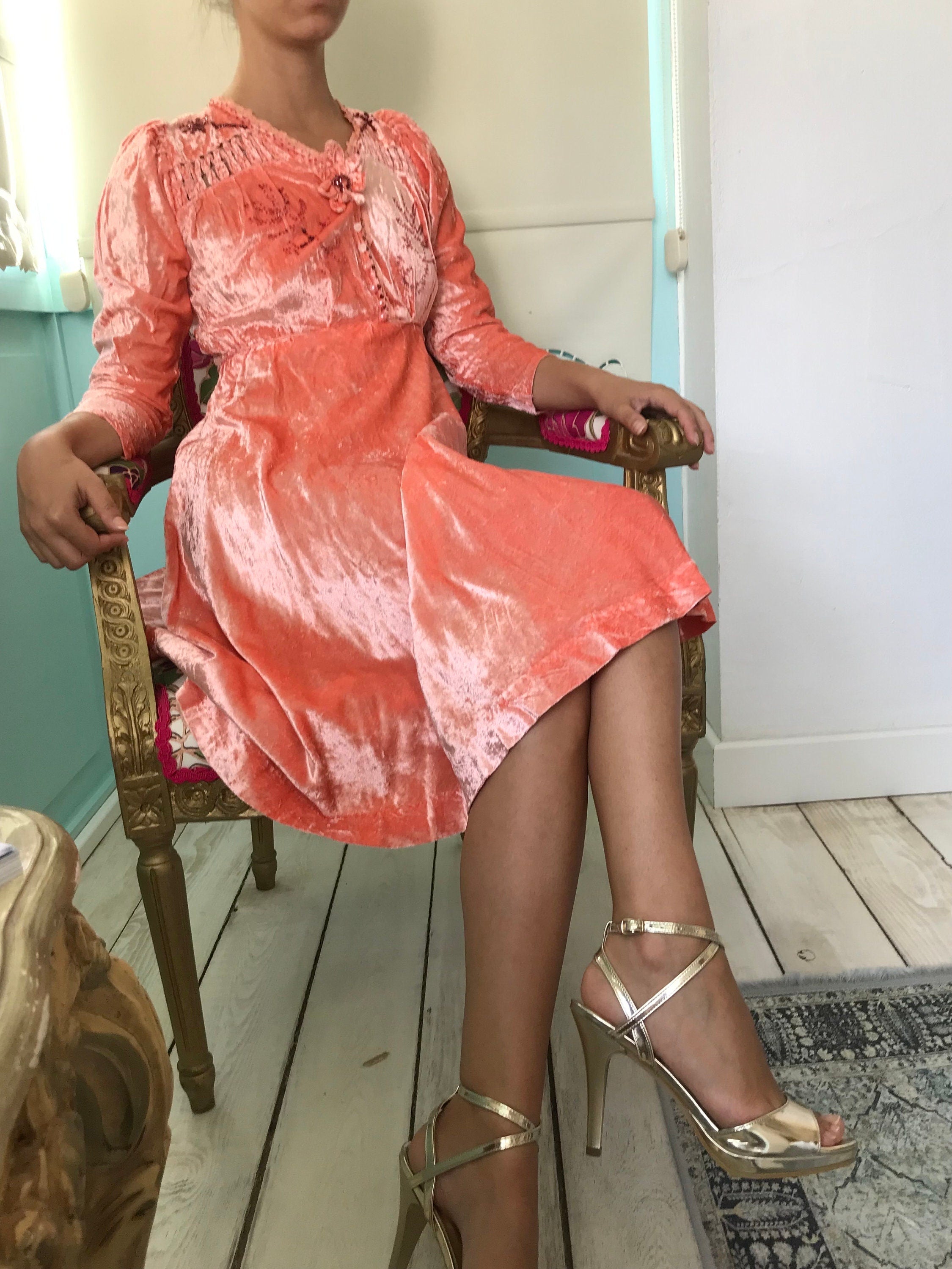 1940s Peach silk velvet dress