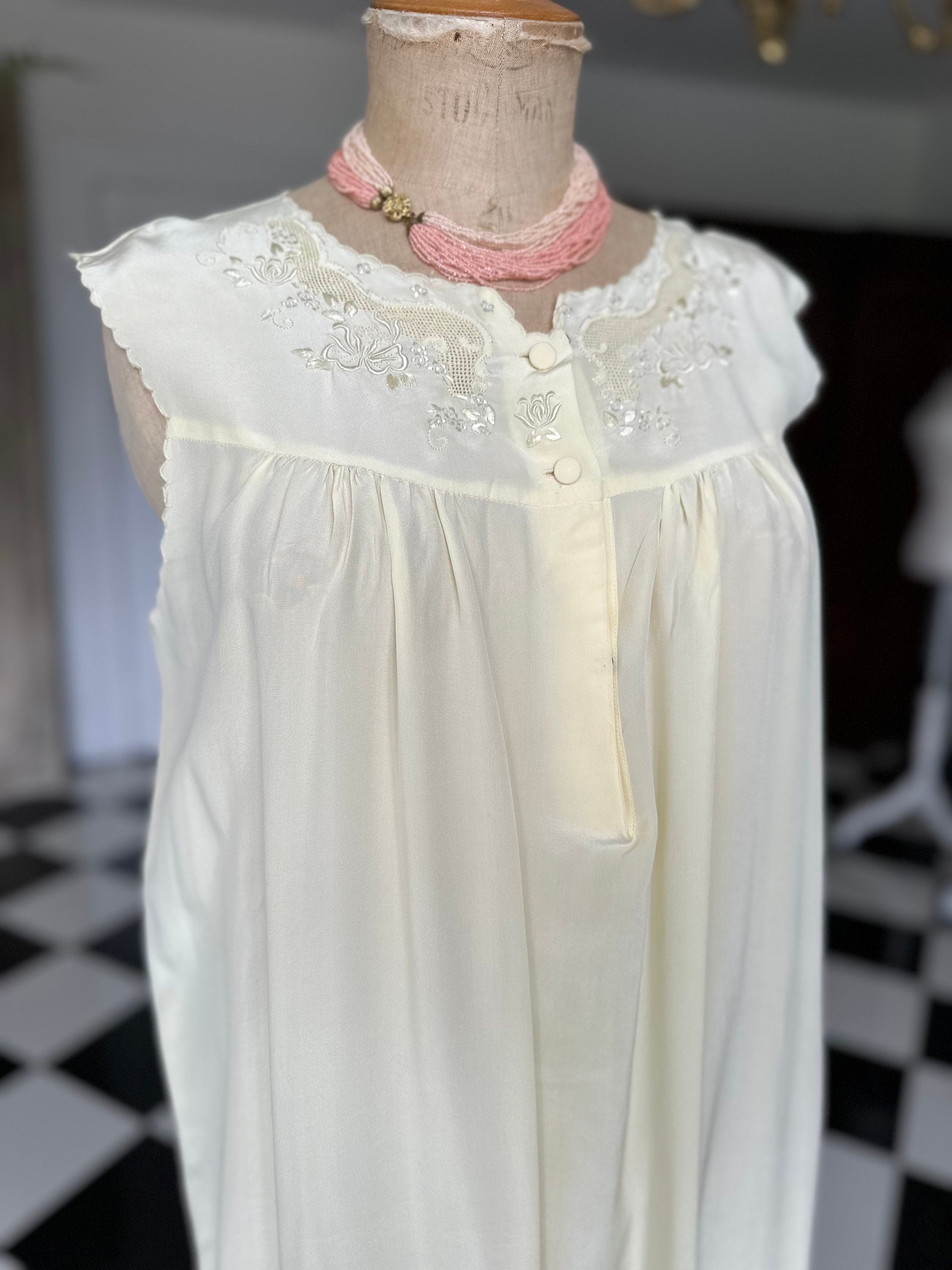 Vintage cream silk smock style long slip dress with hand embroidery