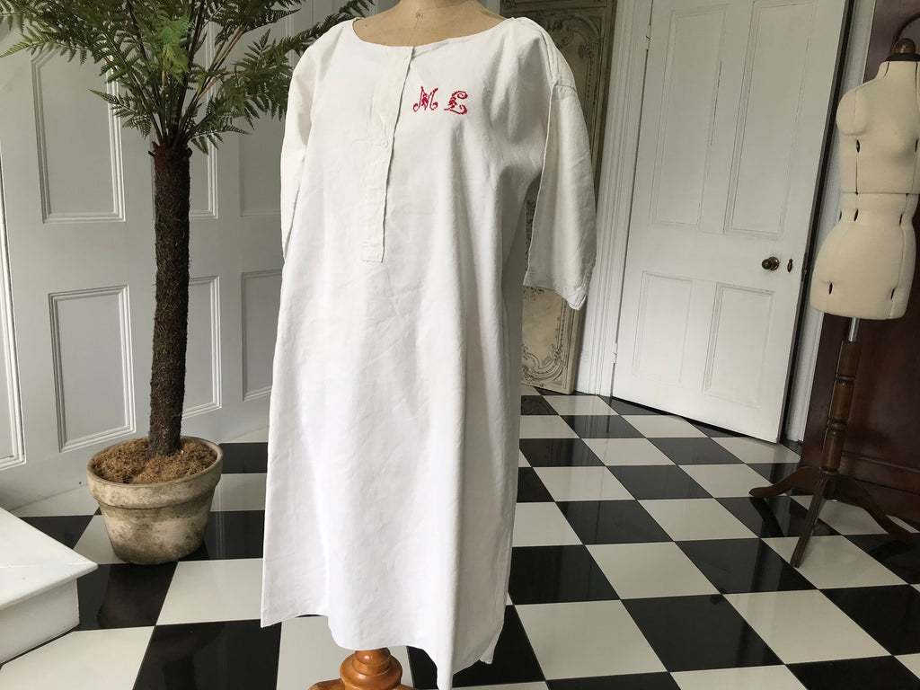1800s antique French  hemp linen smock dress  monogram ML