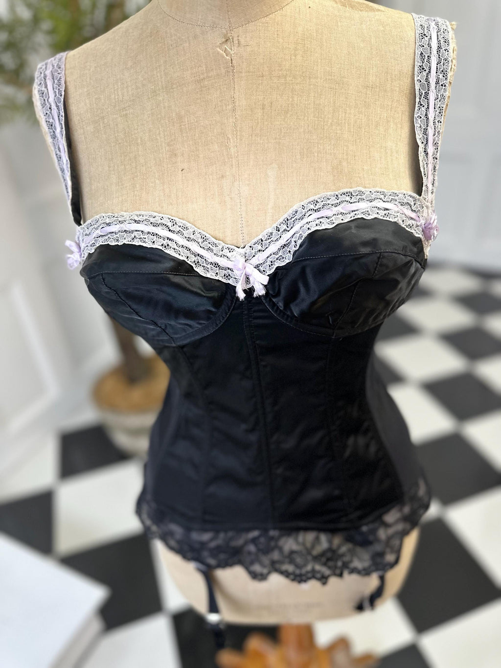 1950s Sexy black satin and lace corset bustier