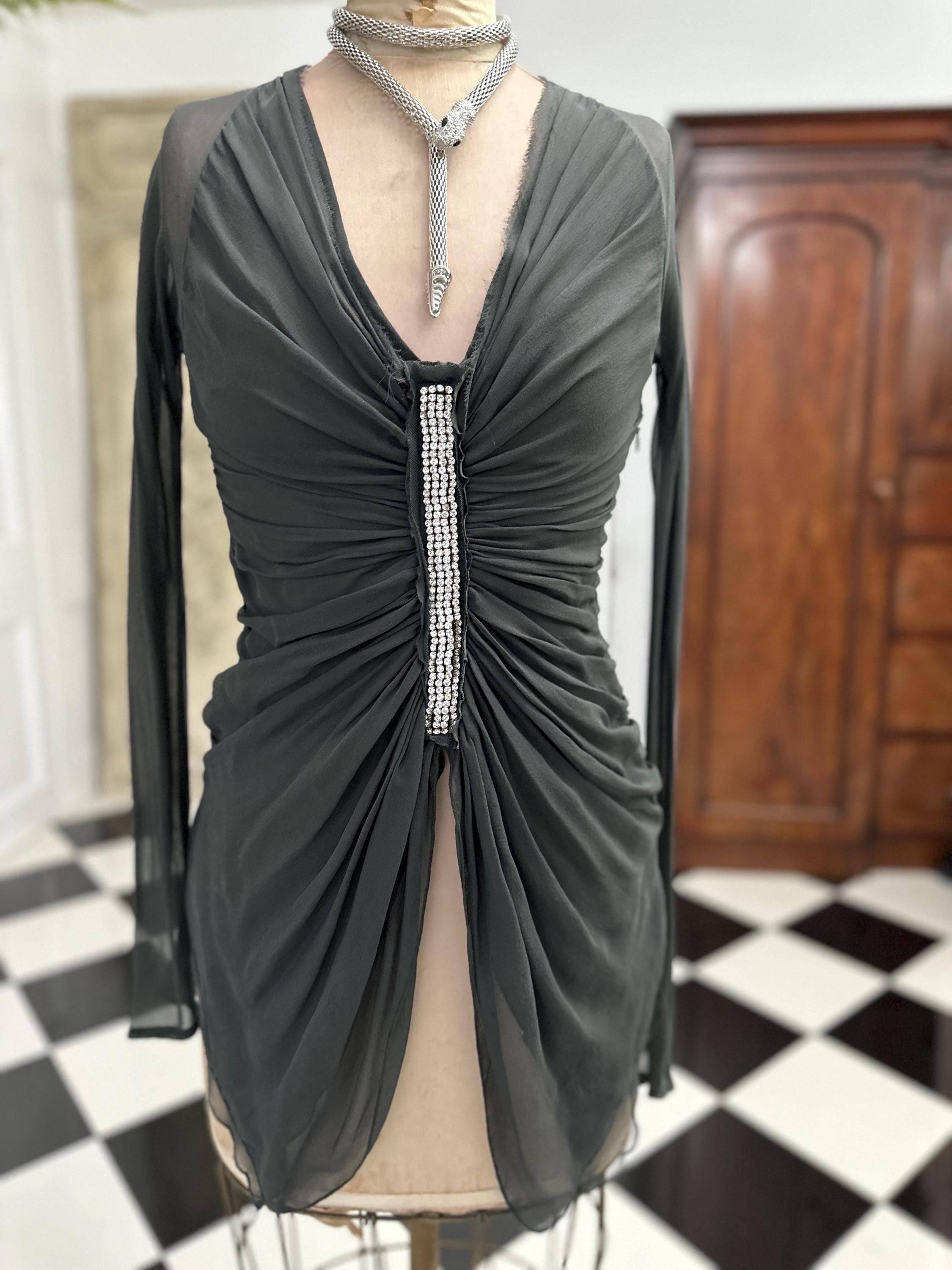 Vintage Dark Grey Silk Crepe Blouse Elegant Long Sleeve with Plunge Neckline