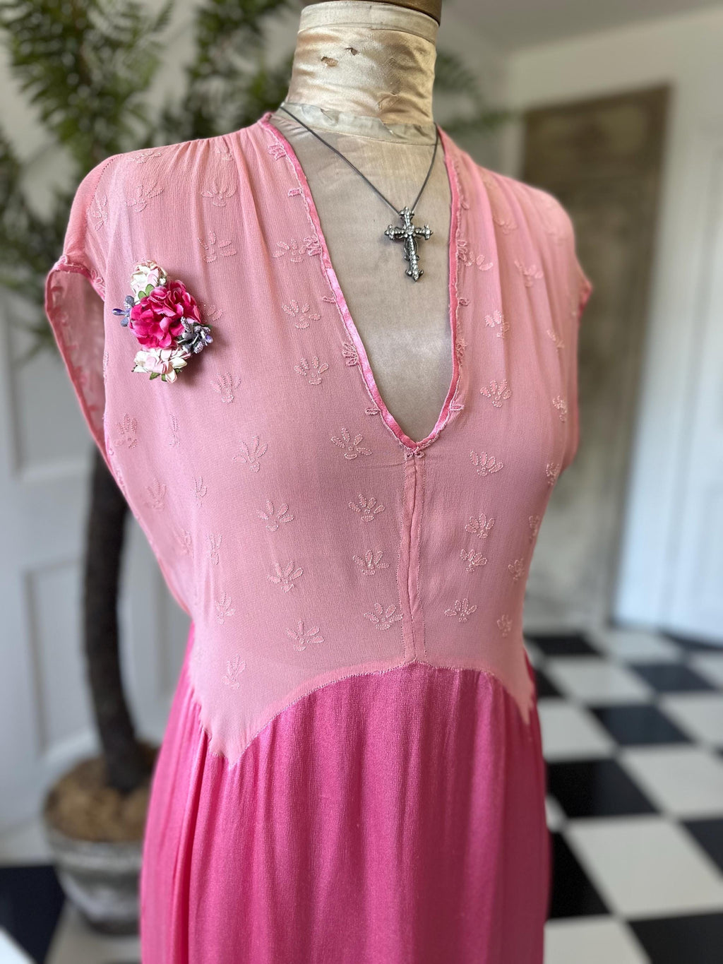 1940s silk satin and chiffon hot pink hand embroidered slip dress