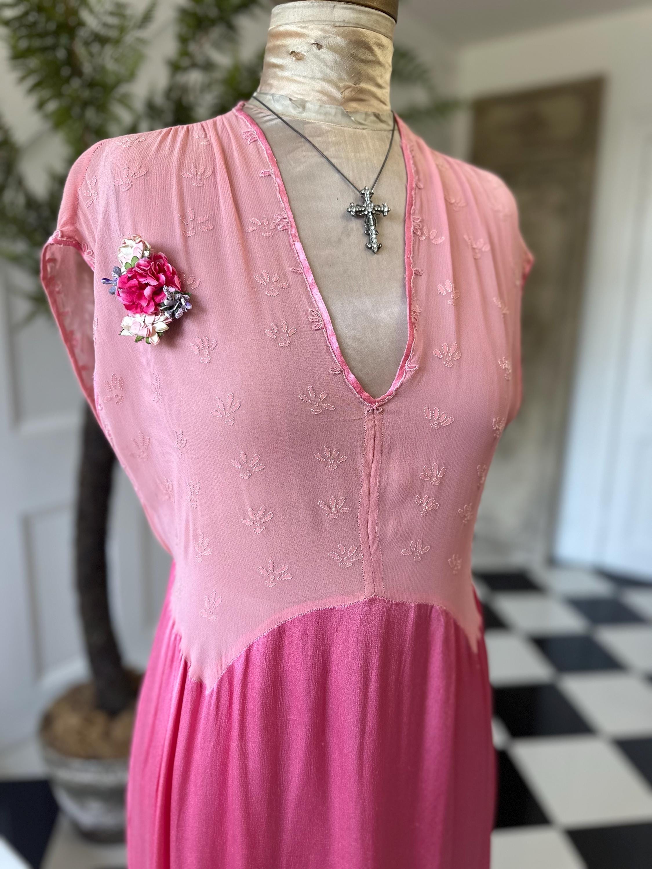 1940s silk satin and chiffon hot pink hand embroidered slip dress