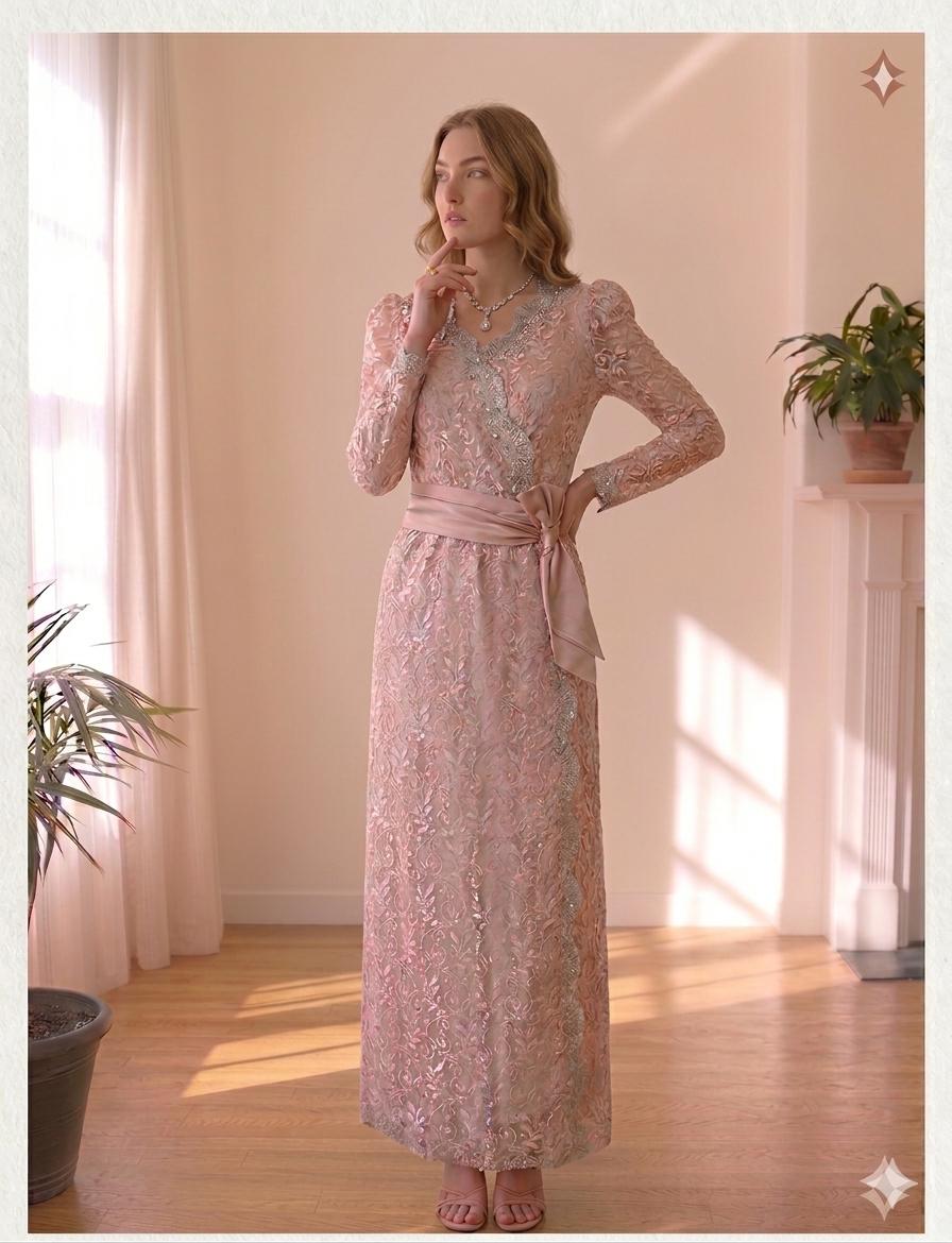 1980s mauve lace  evening dress