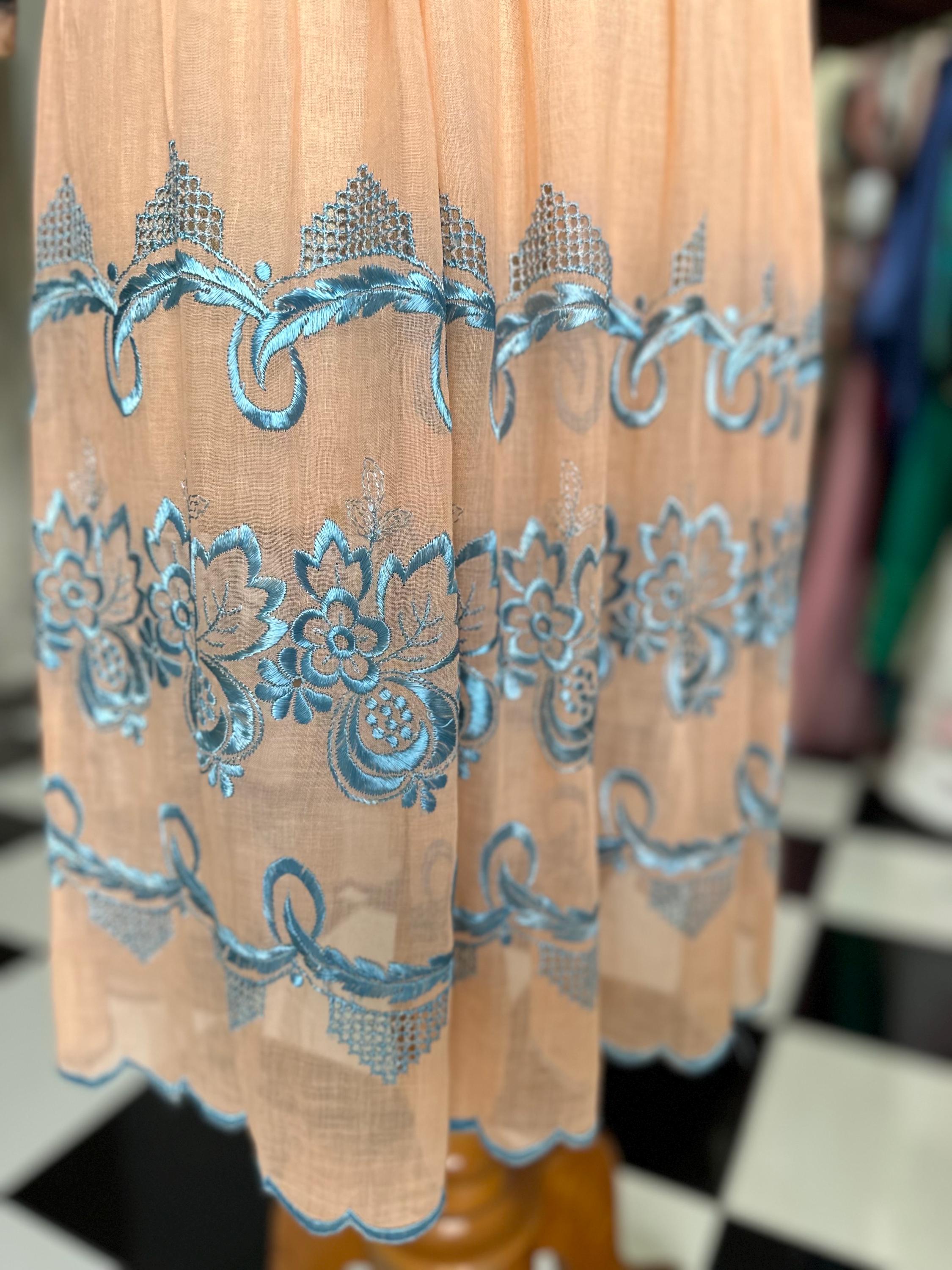 1920s day dress in Peach muslin with silk floss embroidery