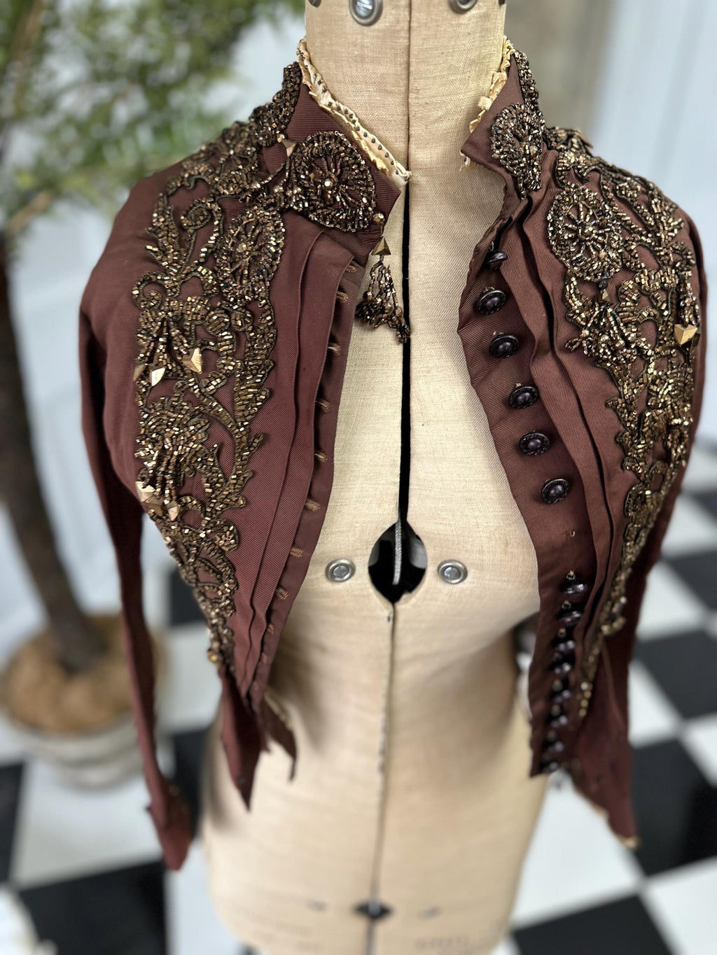 1880s French Silk Bodice: Bronze Brown Glass Beaded Embellishments