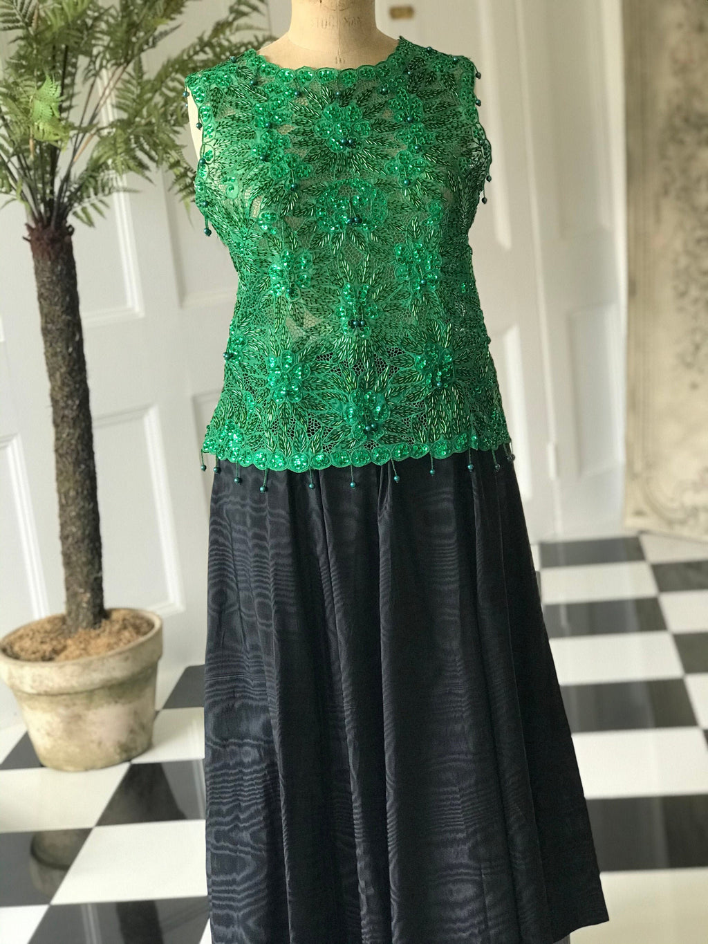 1960s Emerald green chiffon beaded blouse