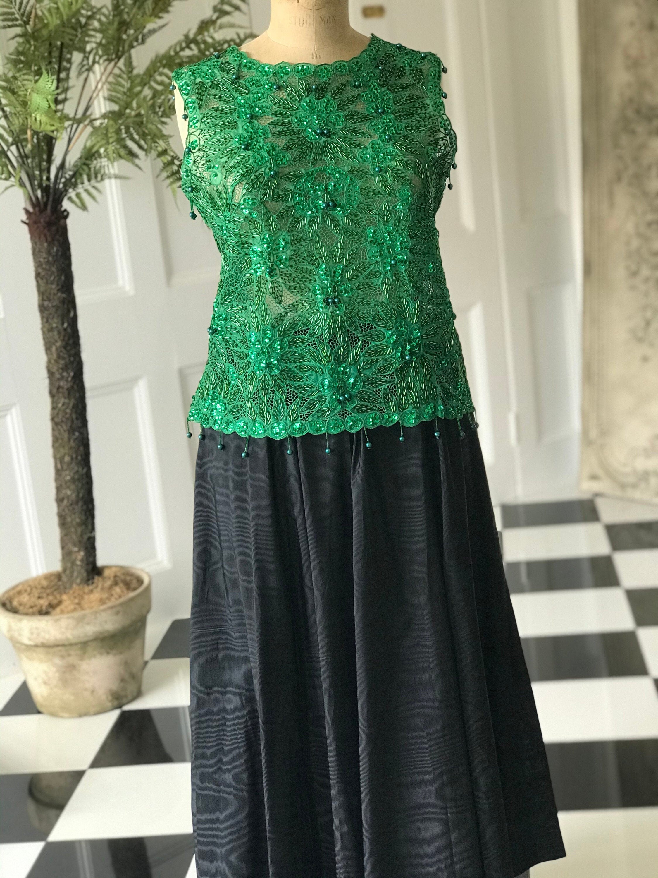 1960s Emerald green chiffon beaded blouse