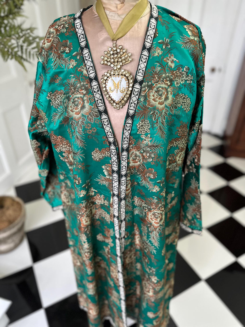 Antique Brocade Emerald Green Robe from the 1900s
