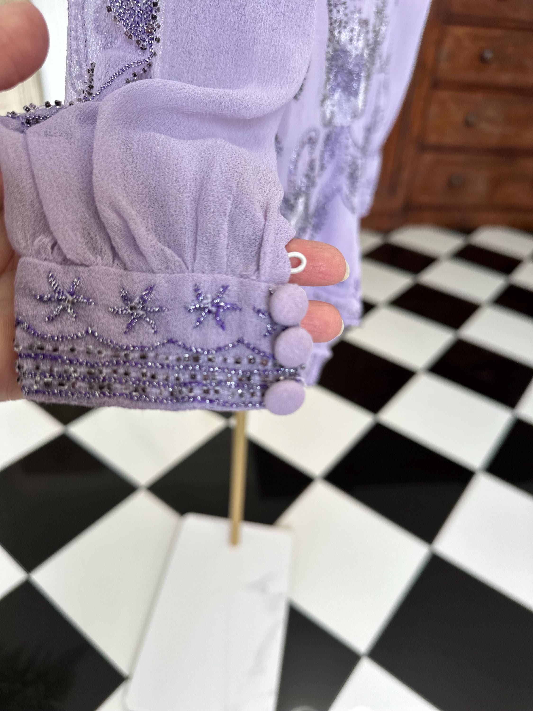 Vintage chiffon Lavender Beaded Floral Romper with Open Back and Long Sleeves