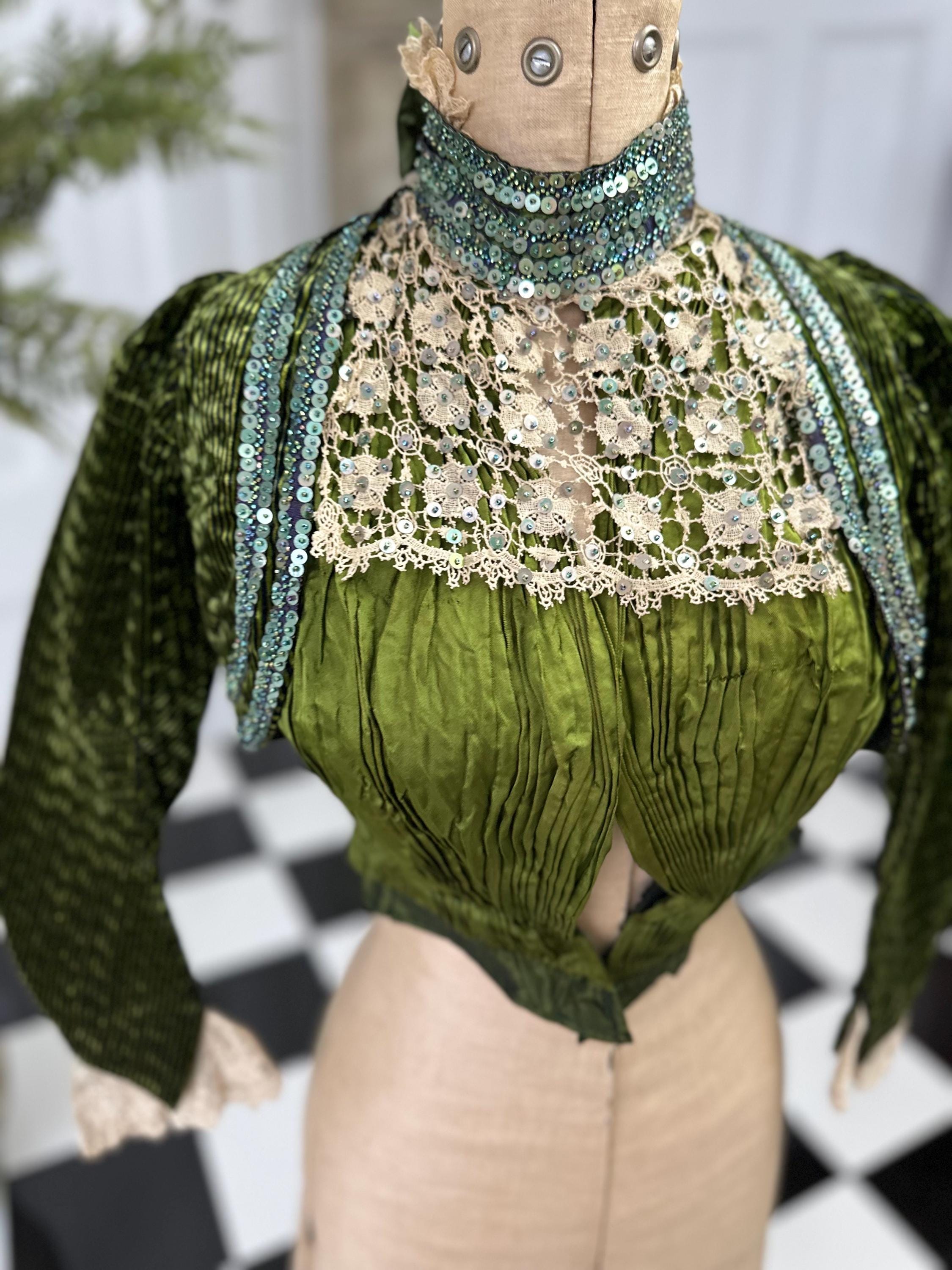 Antique Green Silk Velvet Bodice - 1890s Lace High Collar