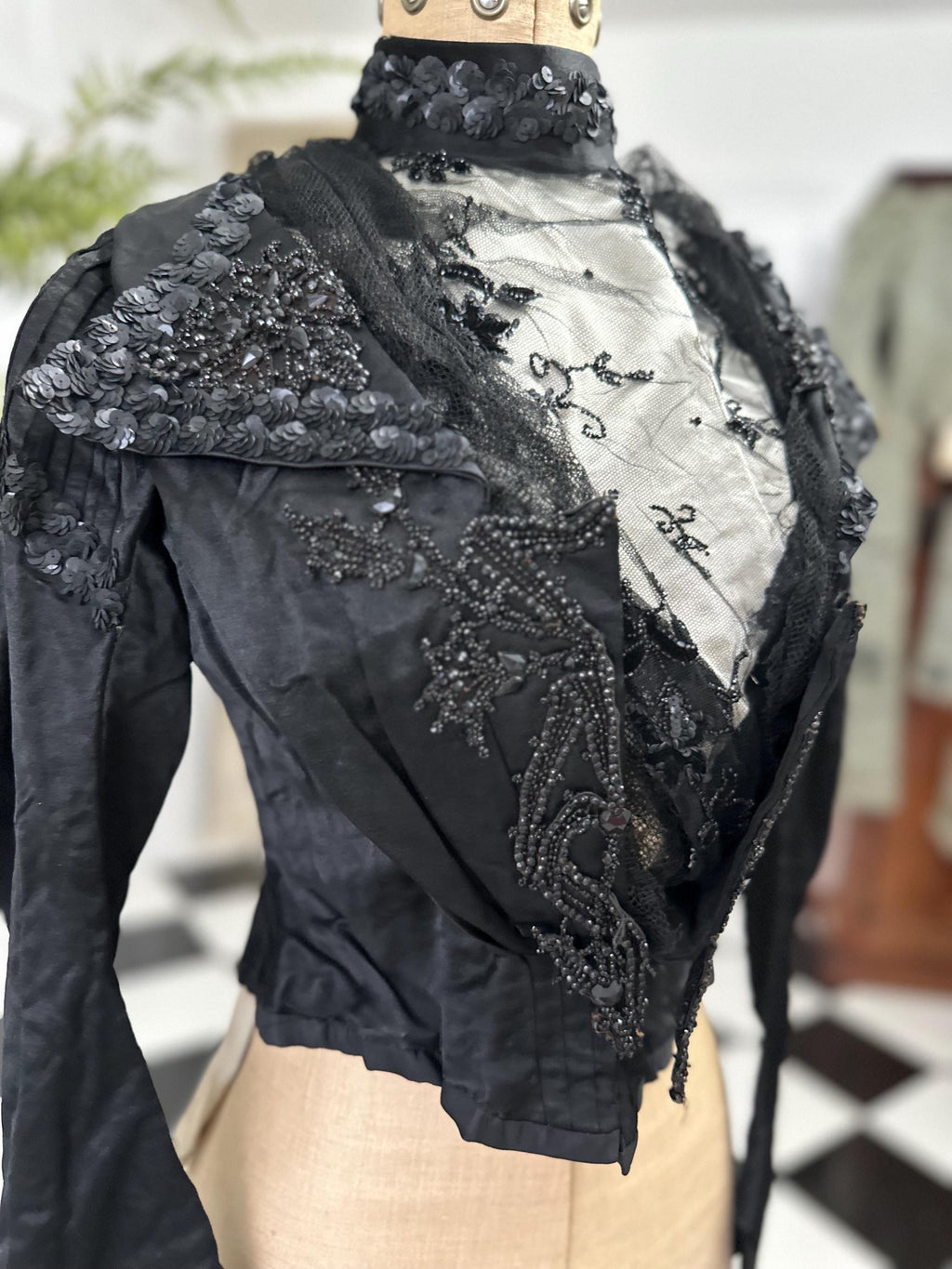 Antique Black Silk Satin Dress: Sequin Beaded Tulle Bodice, Collectible Vintage